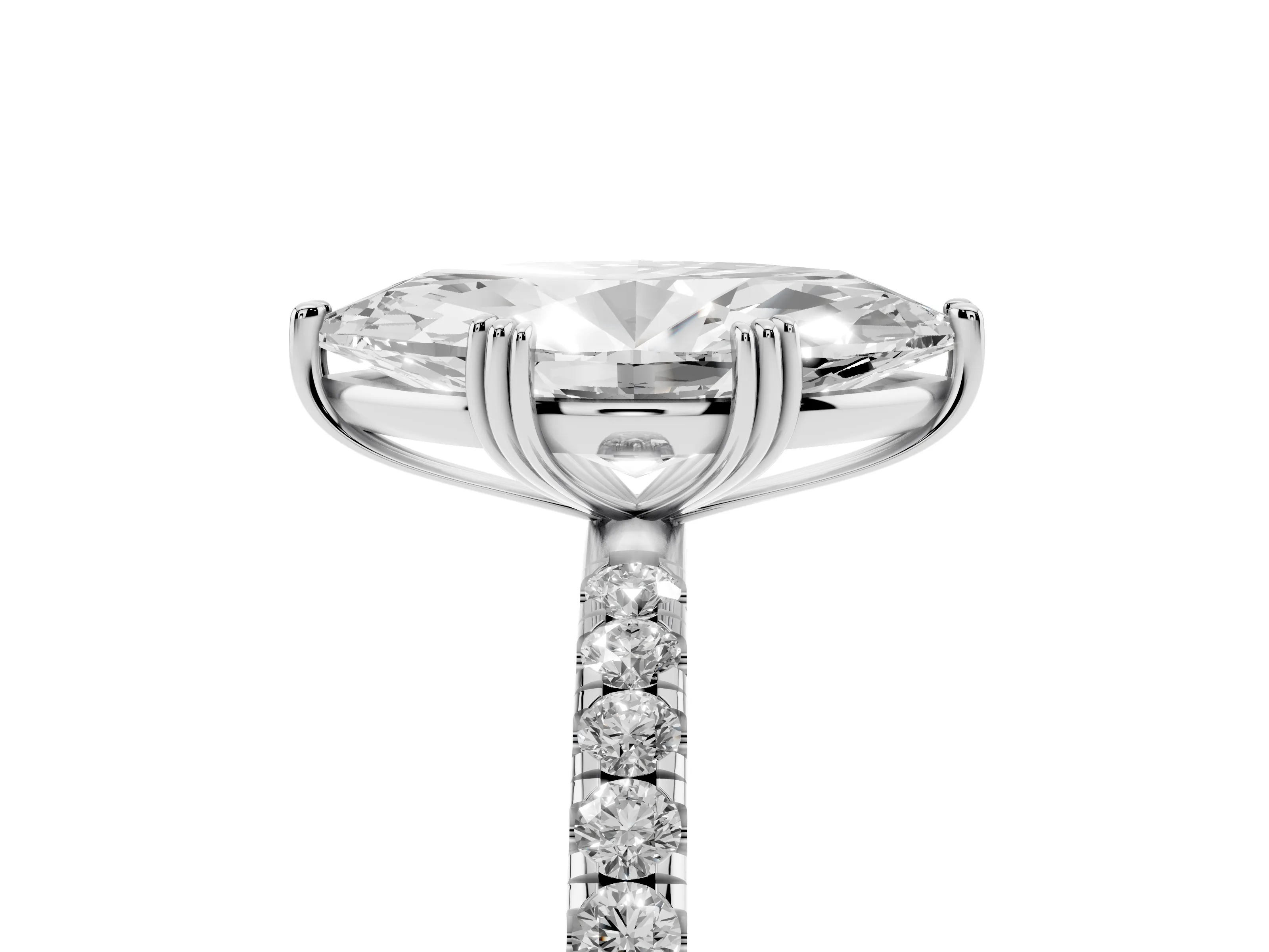 Marquise Cut Diamond Brilliant Solitaire Set in White gold with Pavé Band and Claw Prong Setting