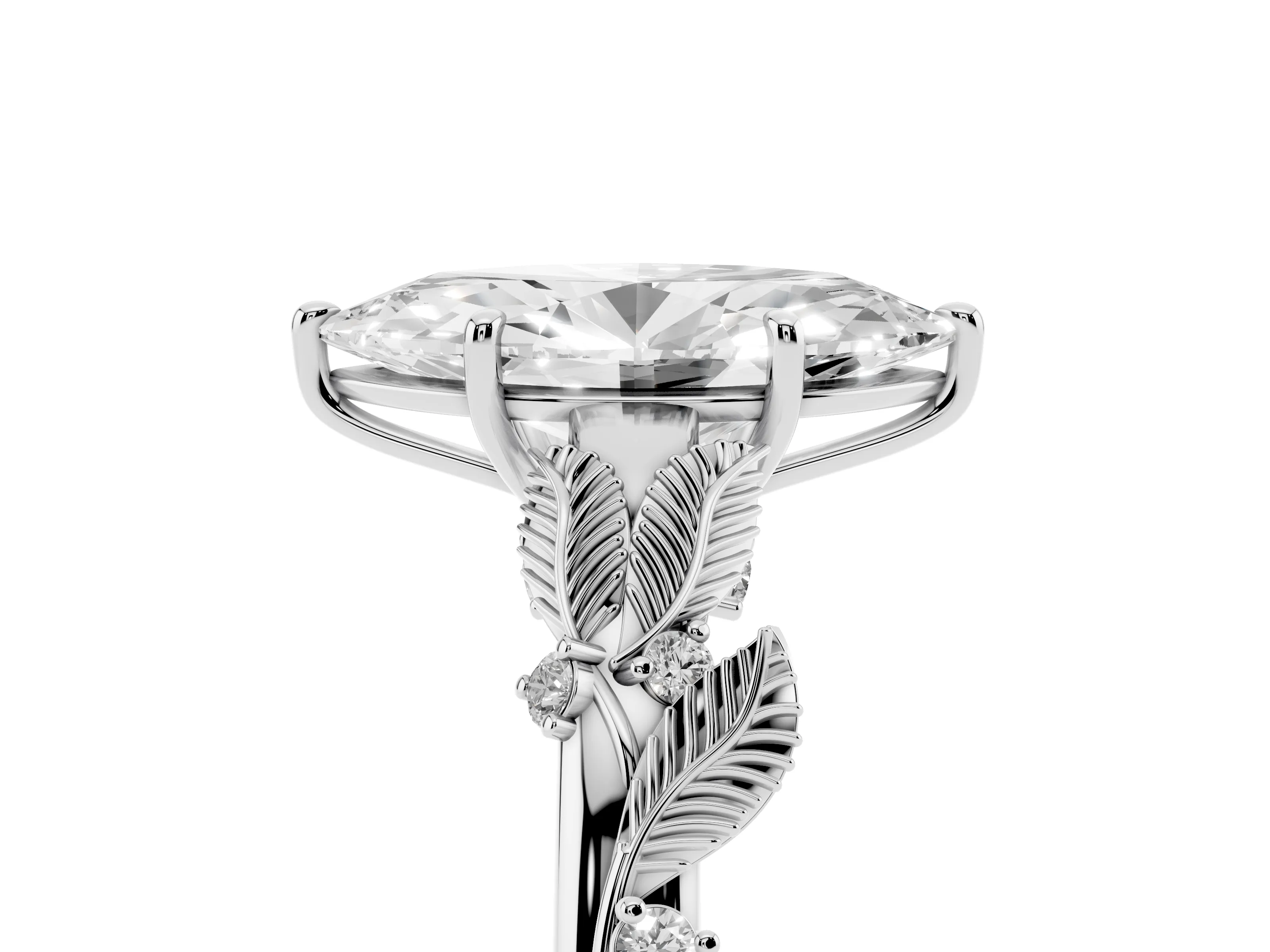 Marquise Cut Diamond Solitaire Ring Set in Silver with Leaf Motif Band