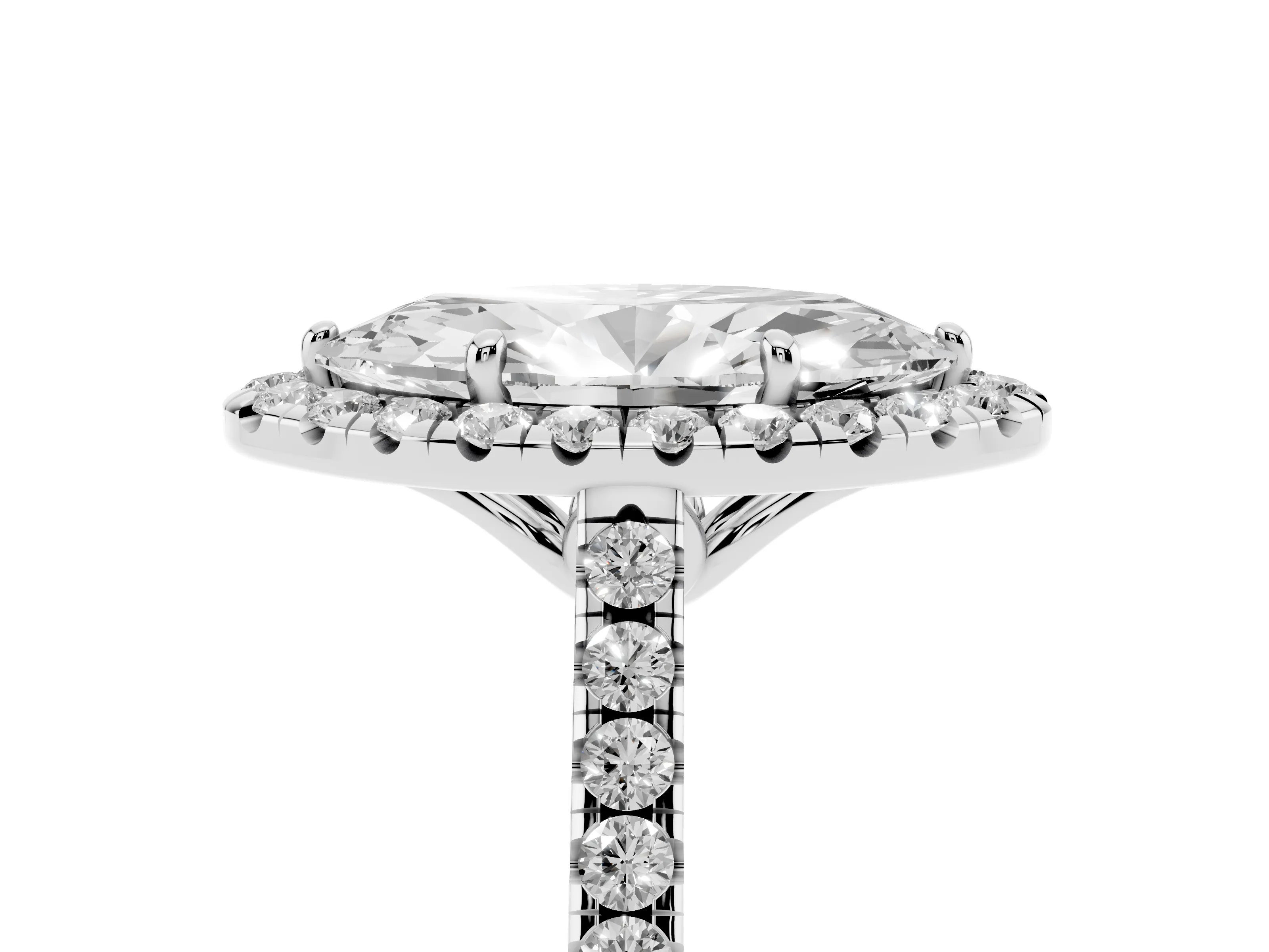 Marquise Cut Diamond Pavé Halo Engagement Ring Set in White gold with Pavé Band and Prong Setting