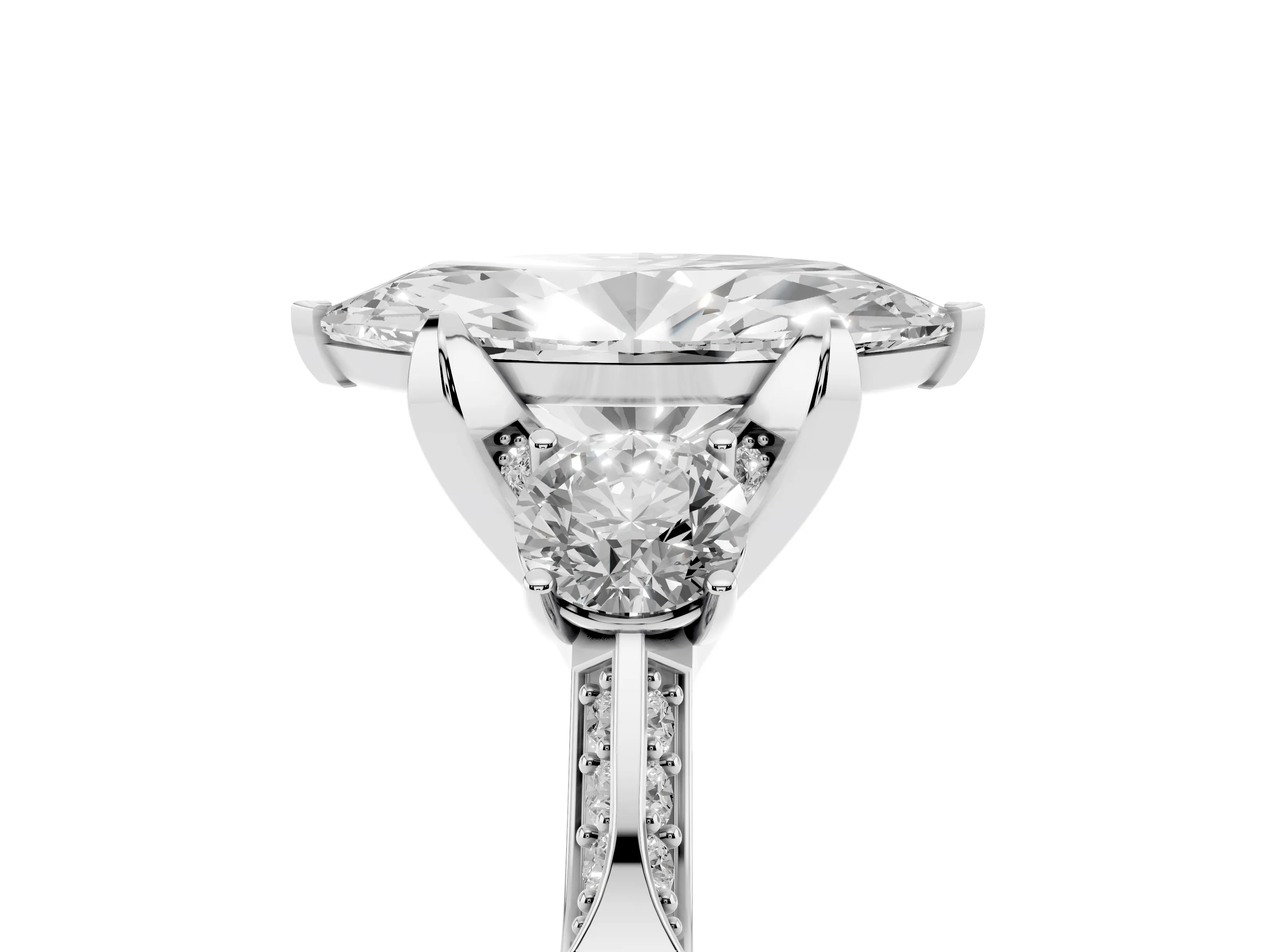 Marquise Cut Diamond Three-Stone Ring Set in Silver with Pavé Band and Smaller Side Stones
