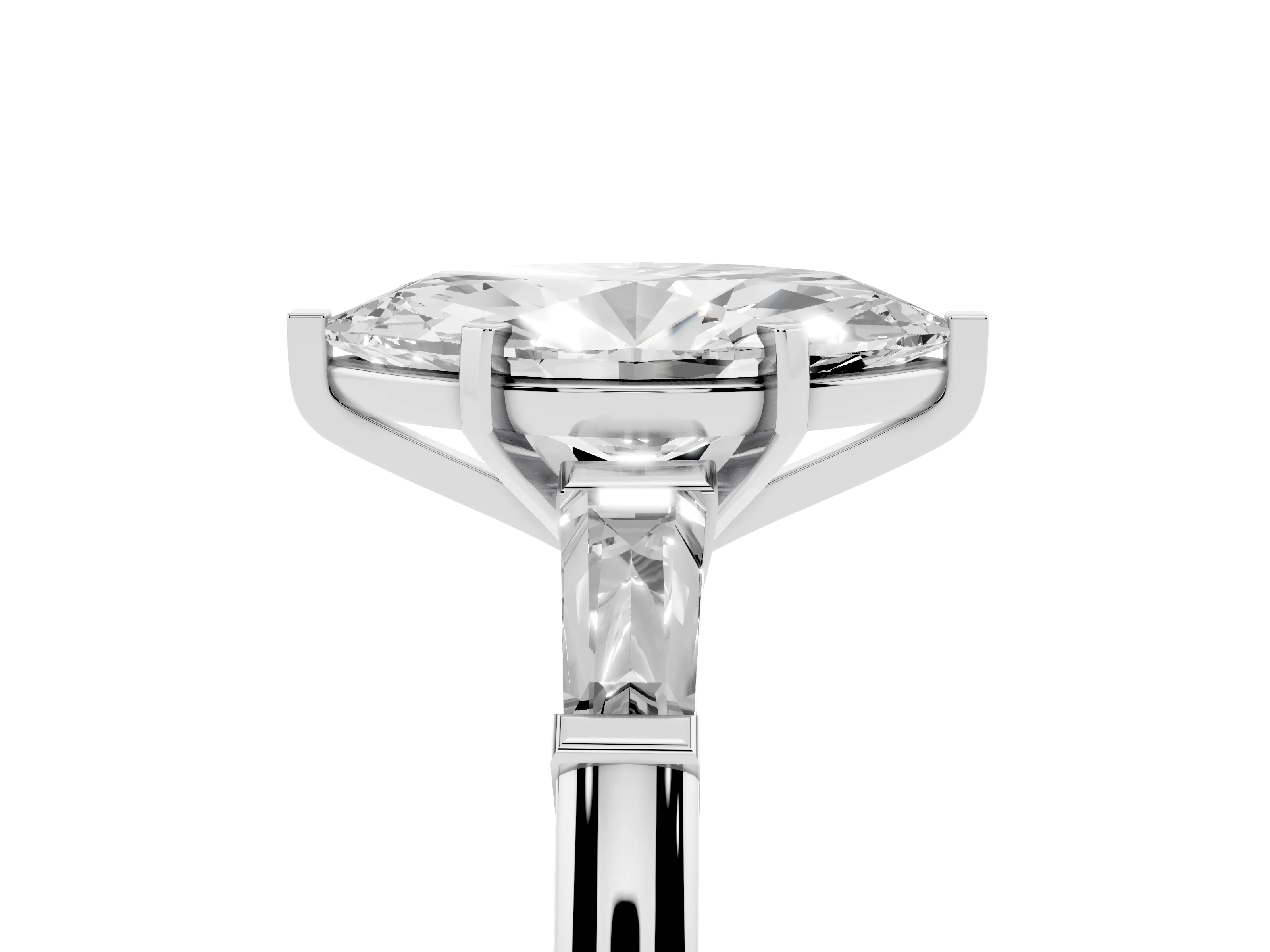 Marquise Cut Diamond Solitaire Ring Set in White gold with Tapered Baguette Side Stones and Prong Setting