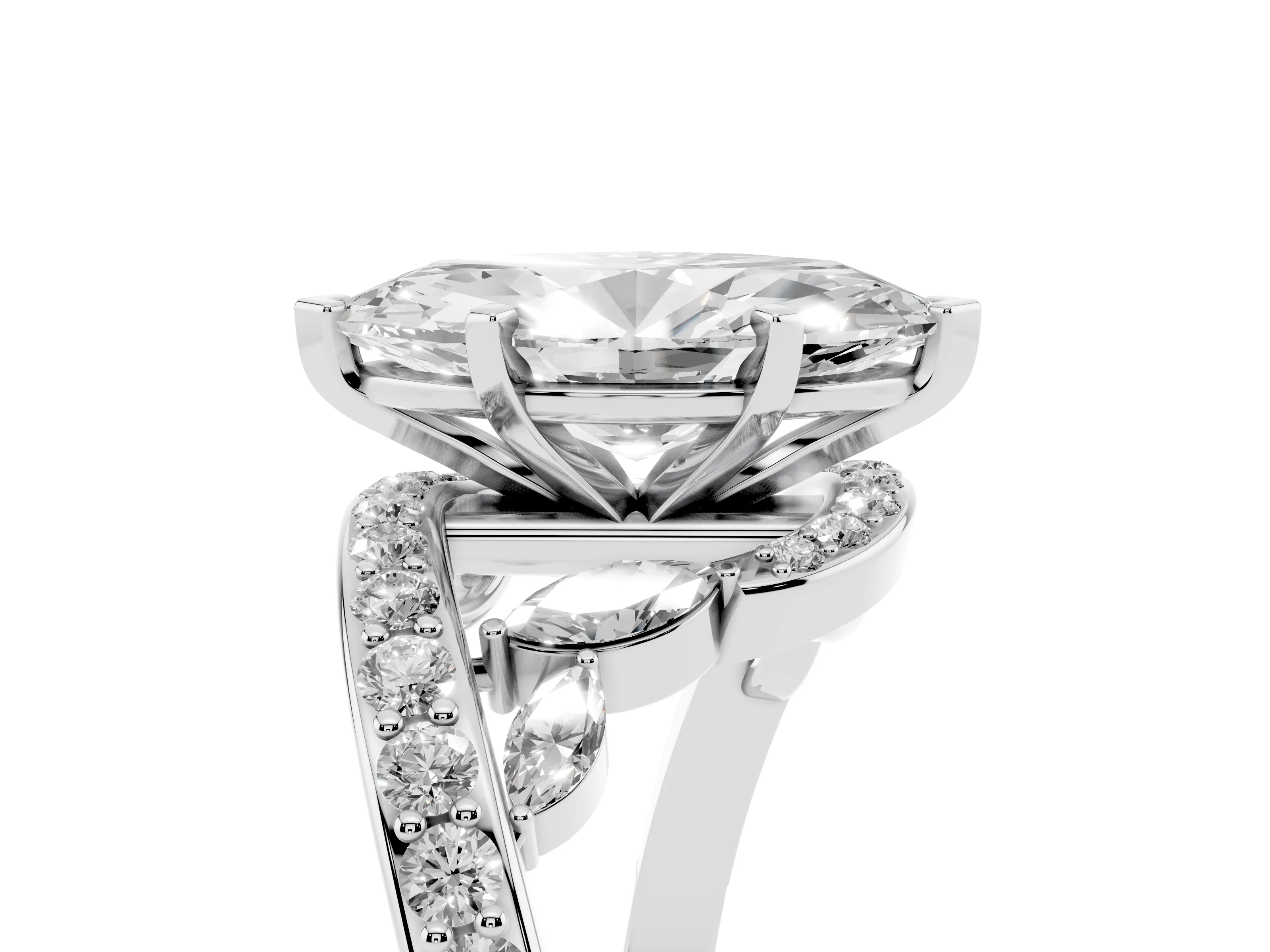 Marquise Cut Diamond Solitaire Ring Set in Platinum with Pavé Twist Band and Secure Prong Setting