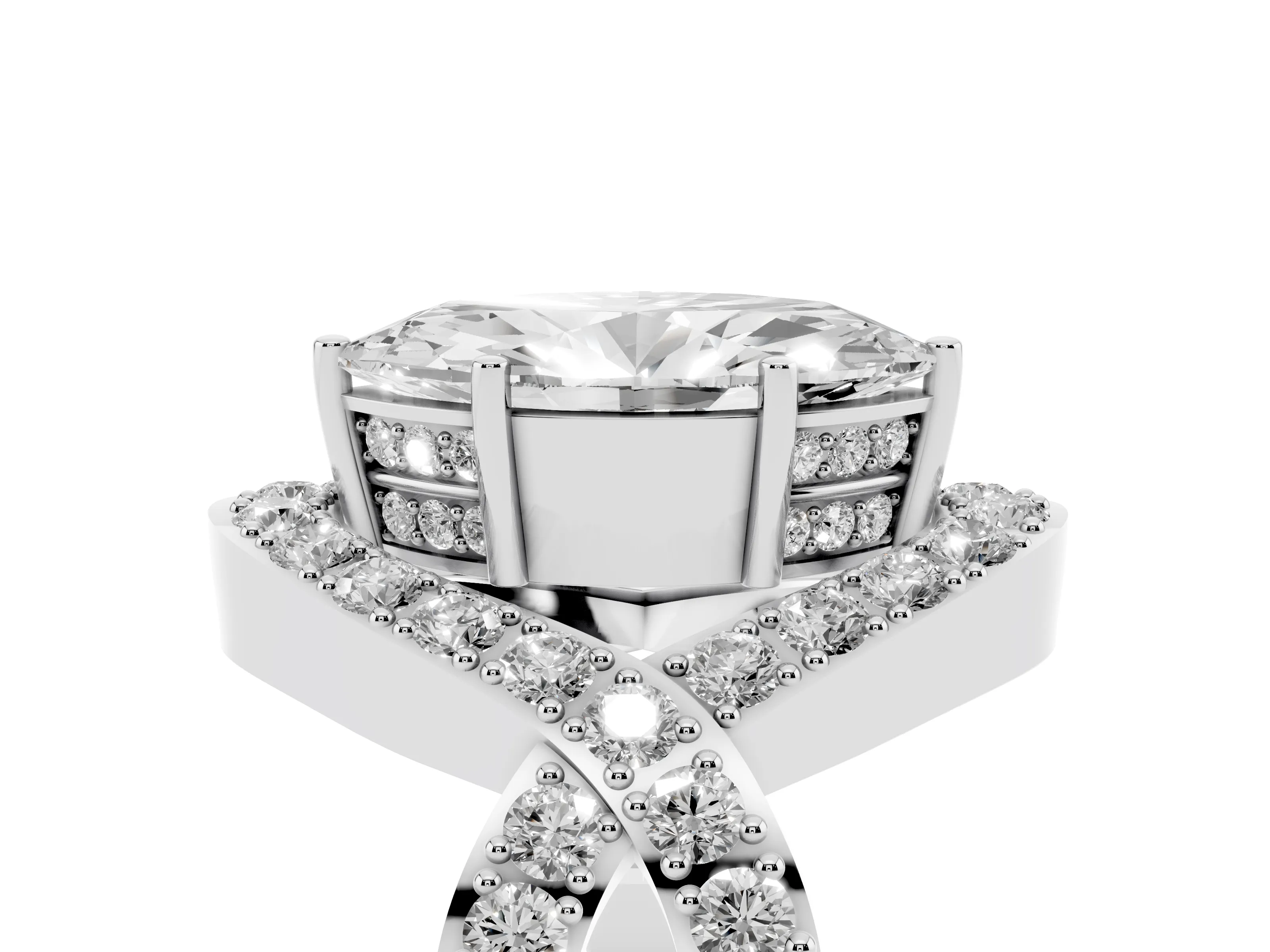 Marquise Cut Diamond Solitaire Twist Band Pavé Engagement Ring Set in Platinum