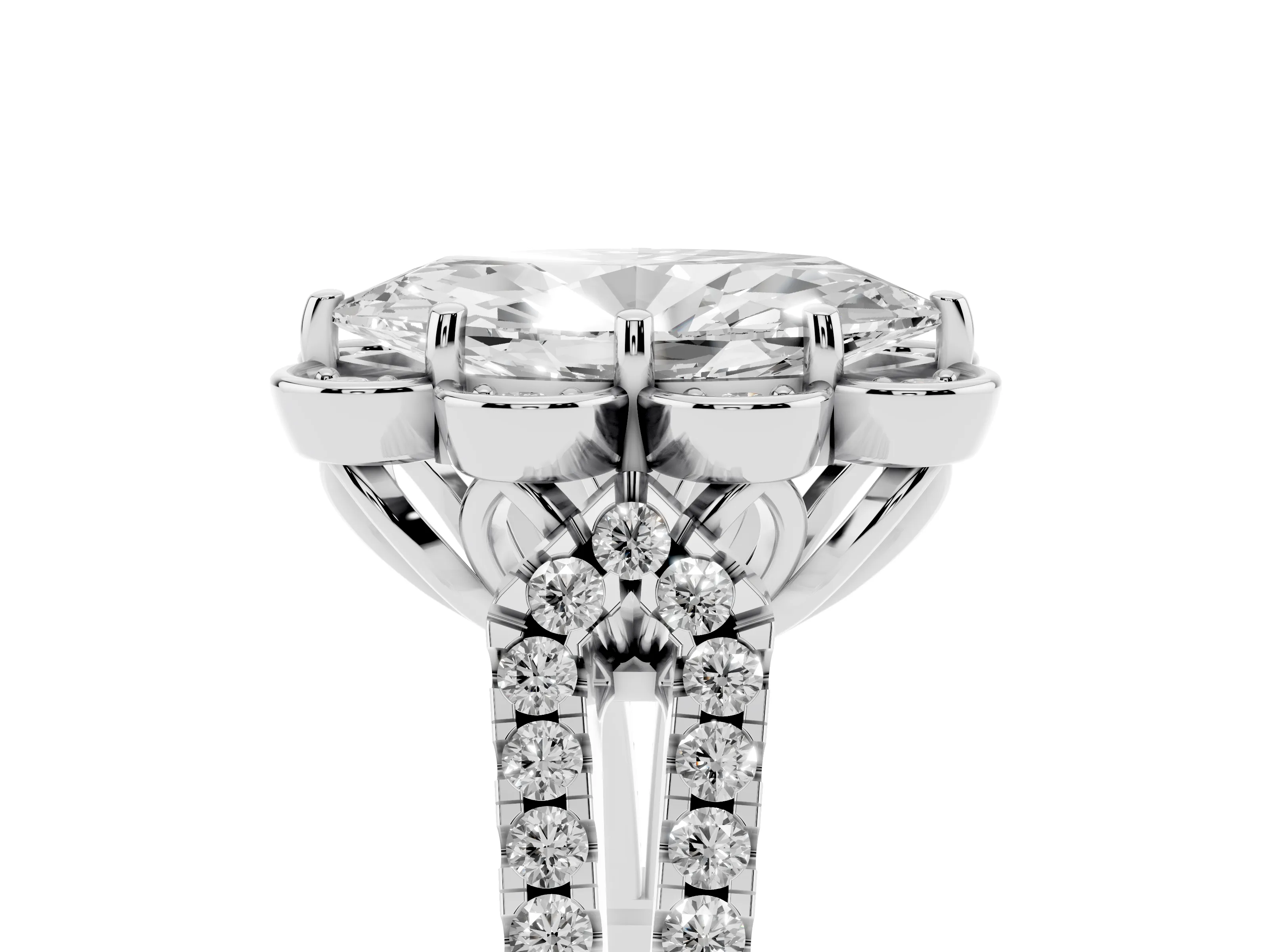 Marquise Cut Diamond Floral Halo Split Shank Engagement Ring Set in White gold with Pavé Shank