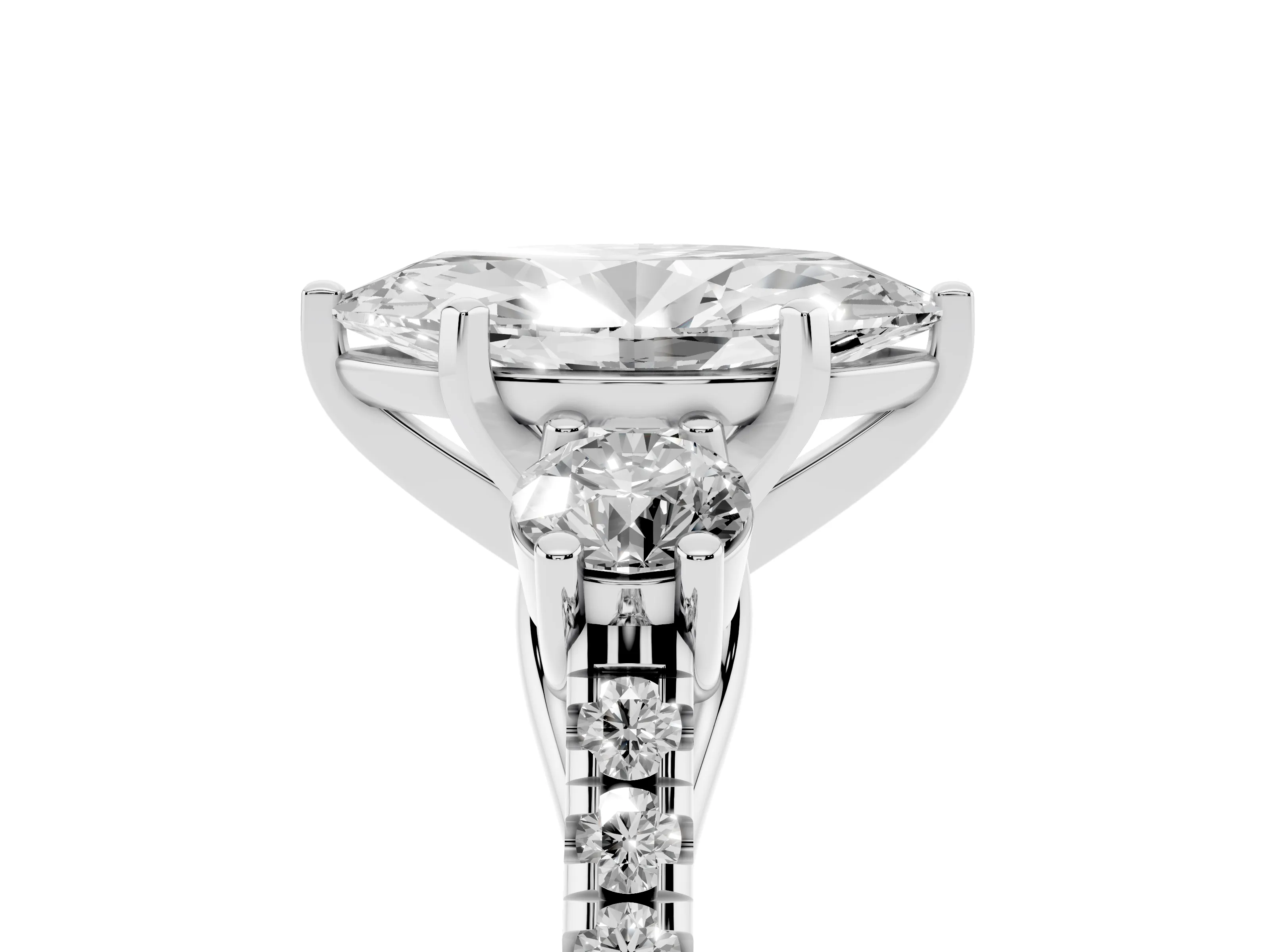 Three-Stone Marquise Cut Diamond Pavé Band Ring Set in White gold with Prong-Set Trio