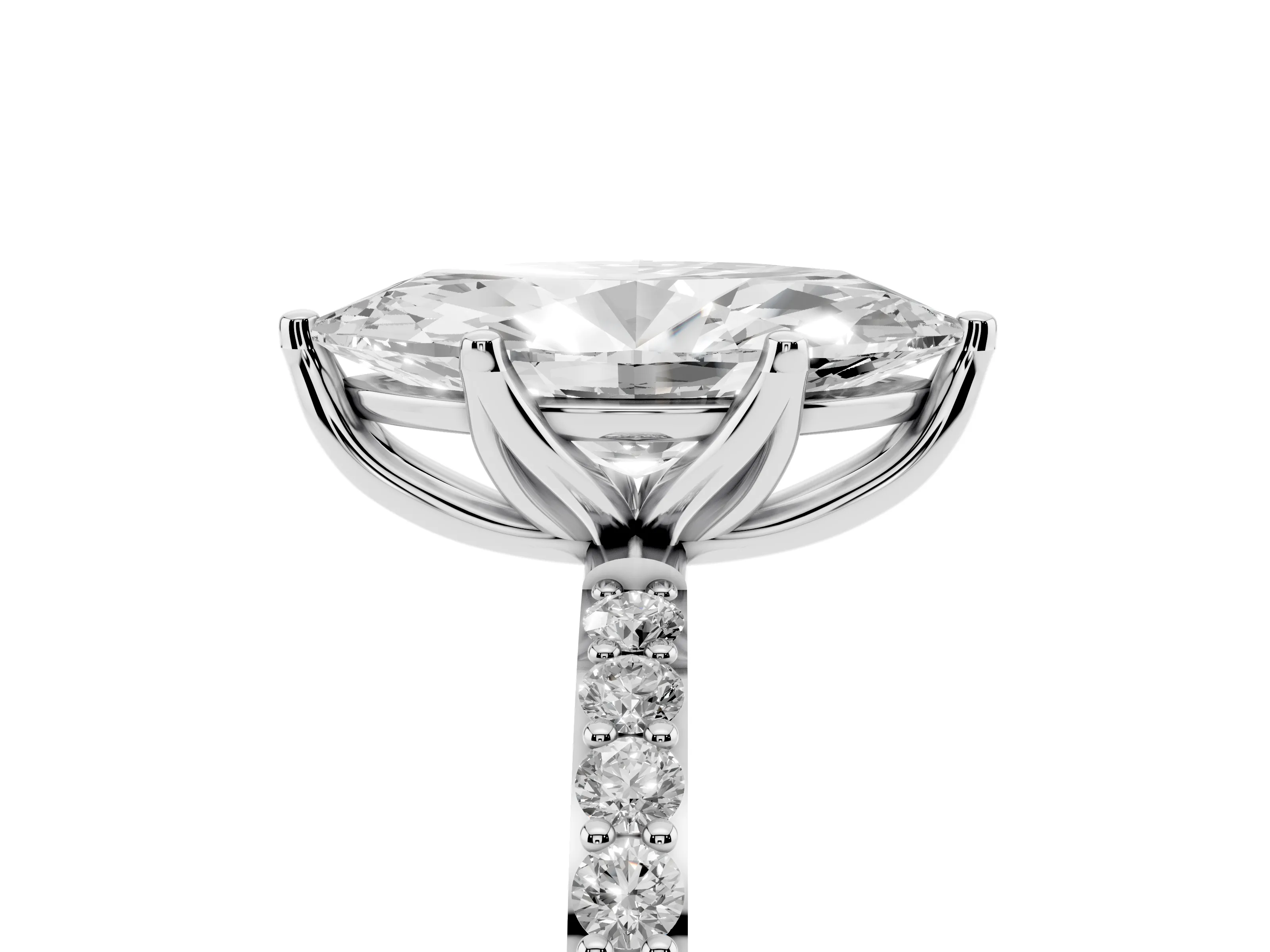 Marquise Cut Diamond Solitaire Engagement Ring Set in White gold with Round Pavé Band and Prong Setting