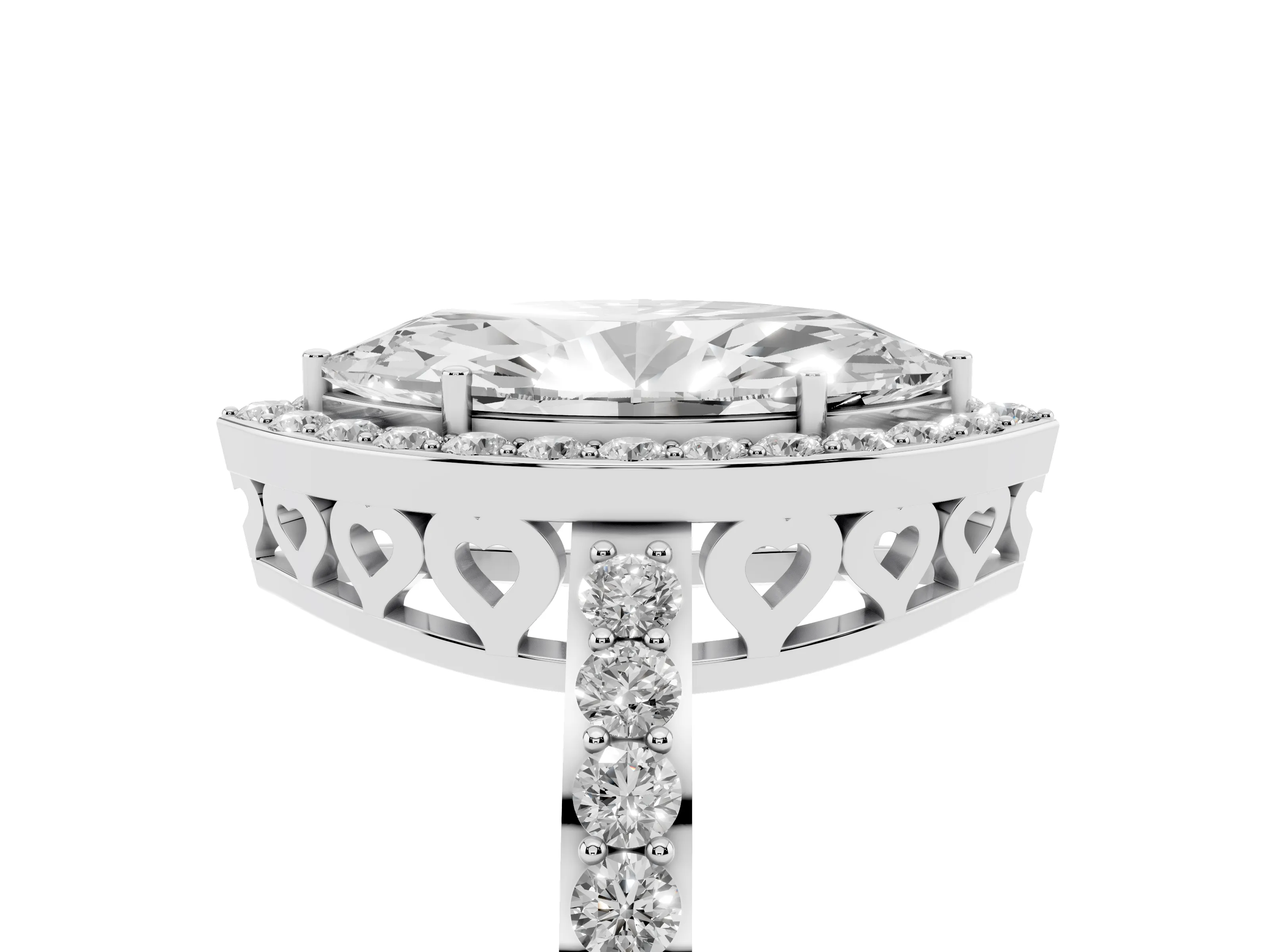 Marquise Cut Diamond Halo Ring Set in Silver with Pavé-Setting Band and Open Prong Center