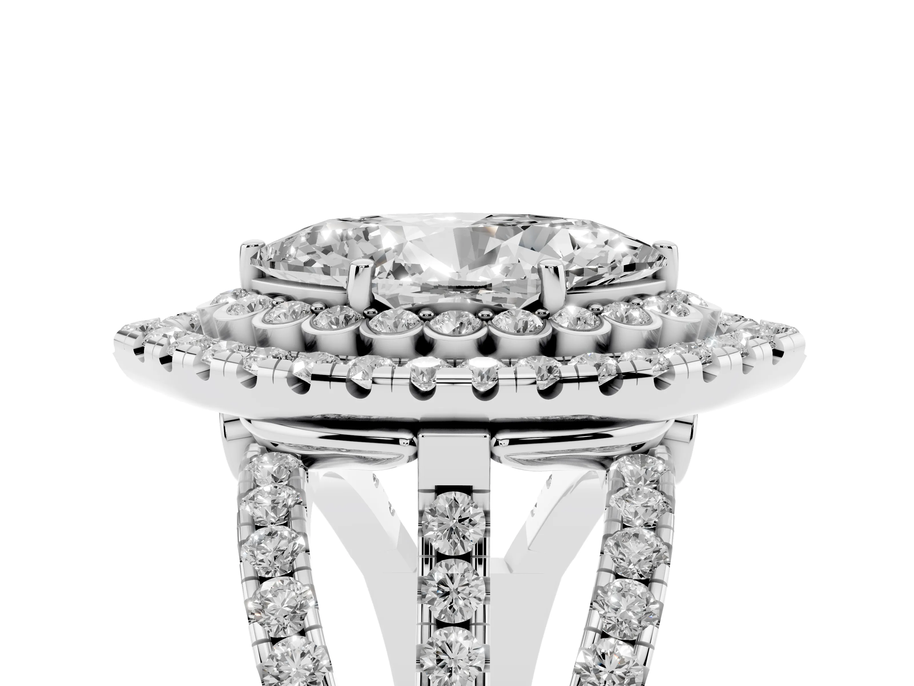 Marquise Cut Diamond Double Halo Ring Set in White gold with Round Pavé Split Shank