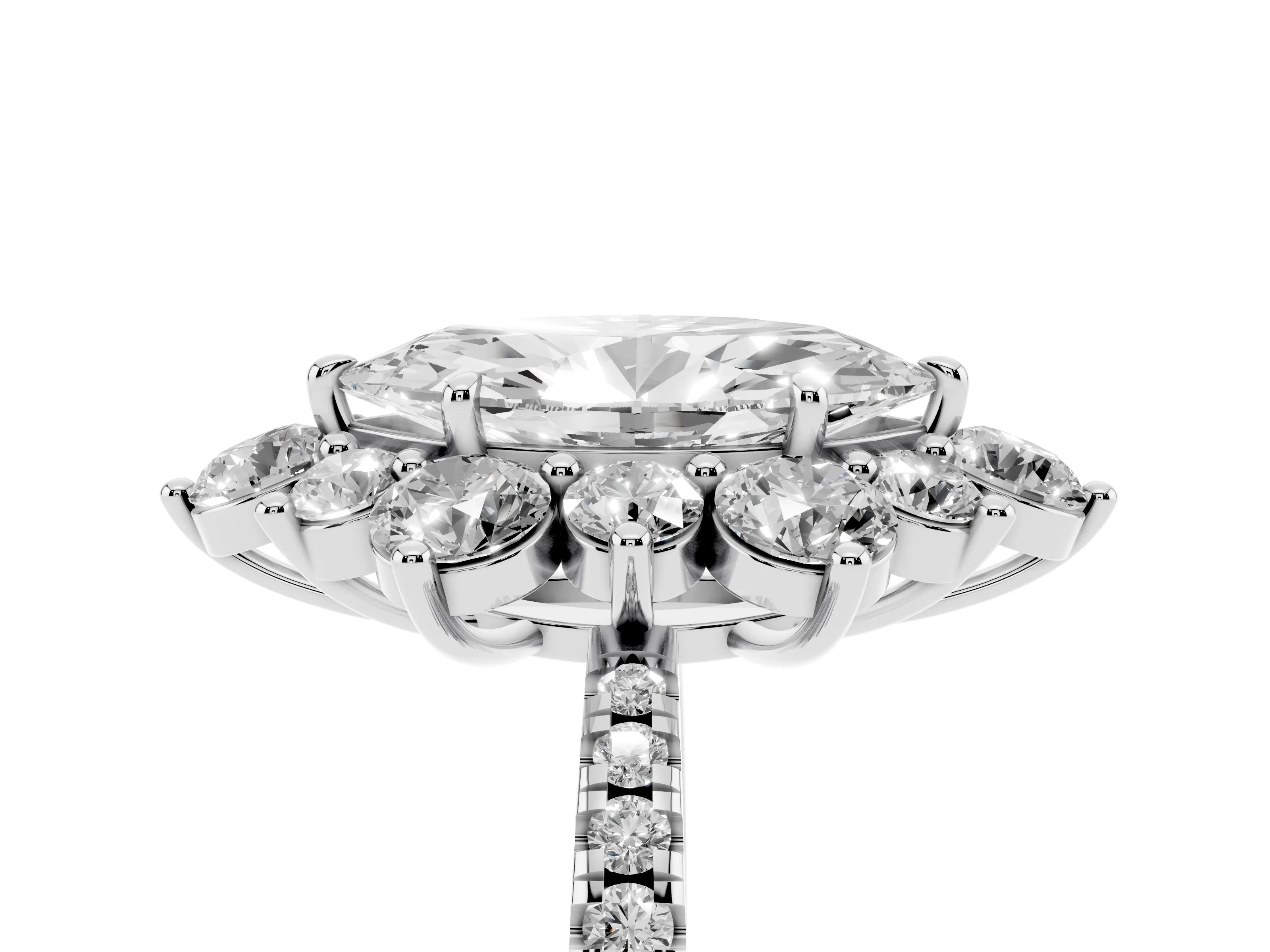 Marquise Cut Diamond Floral Halo Ring Set in Platinum with Round Pavé Band and Prong Setting