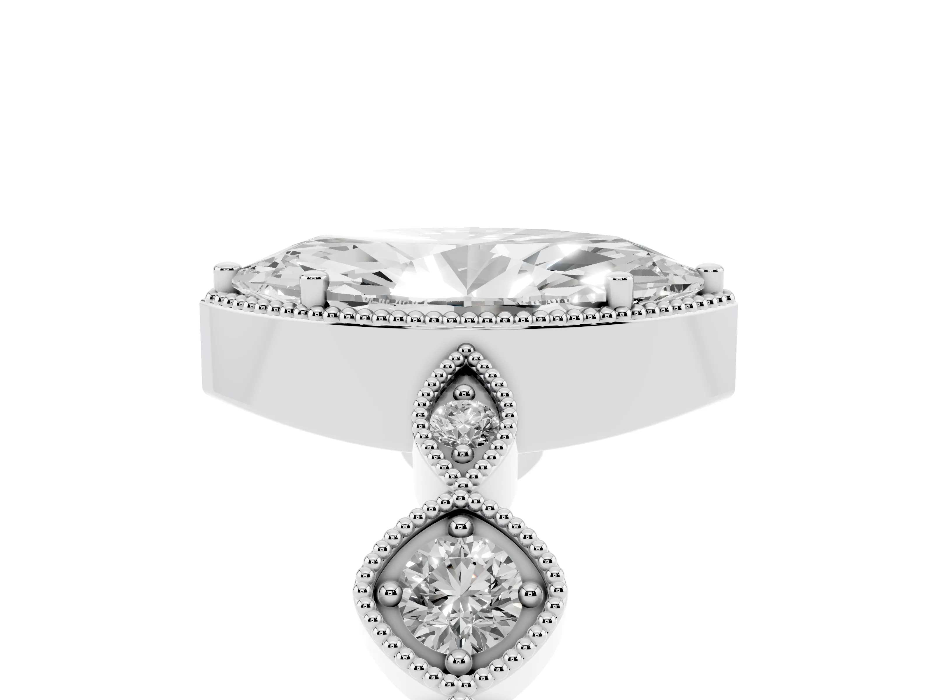 Marquise Cut Diamond Vintage-Inspired Milgrain Ring Set in White gold with Marquise Stations of Round Accents