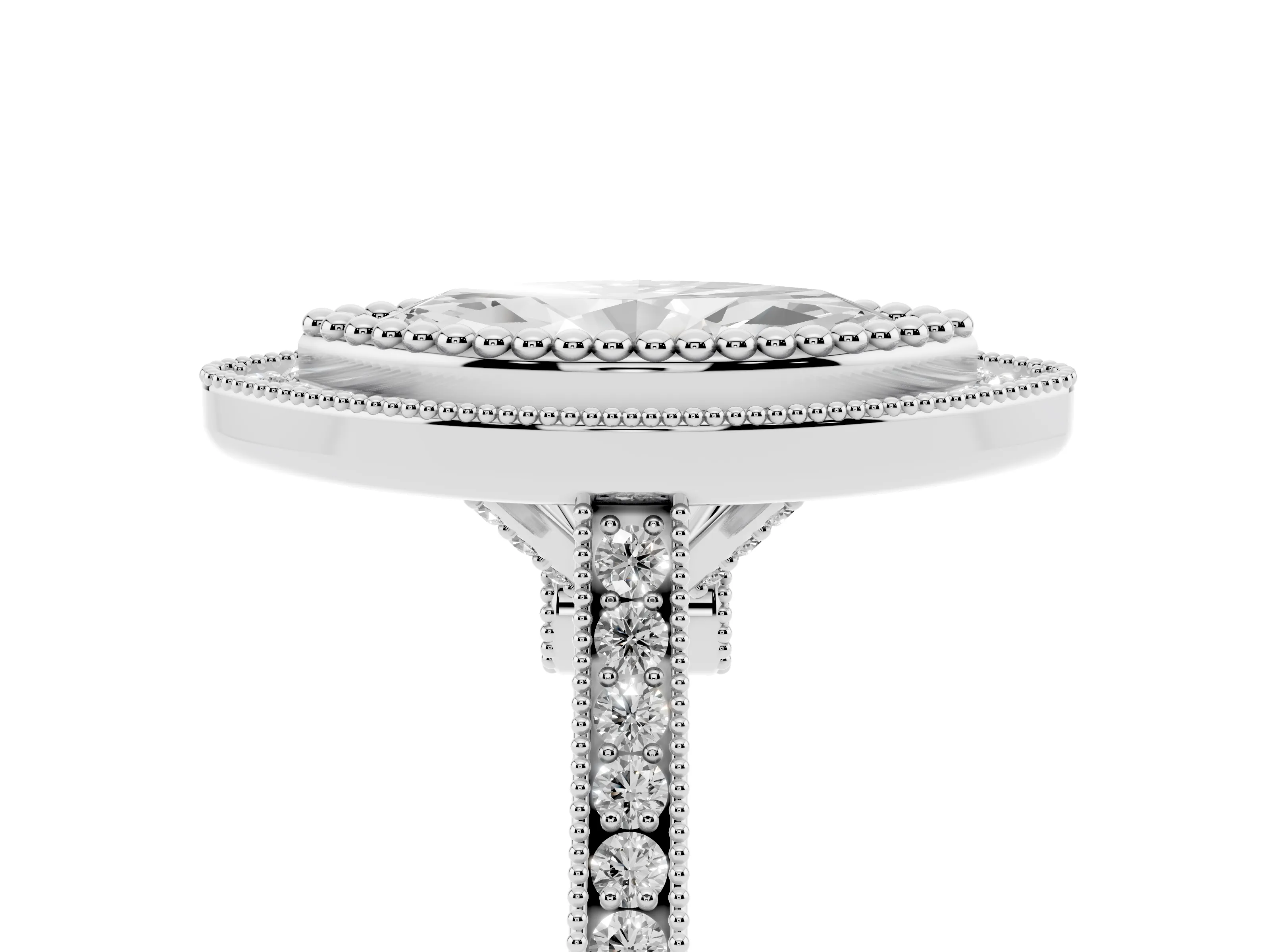 Marquise Cut Diamond Halo Ring Set in Silver with Milgrain Frame and Pavé Band
