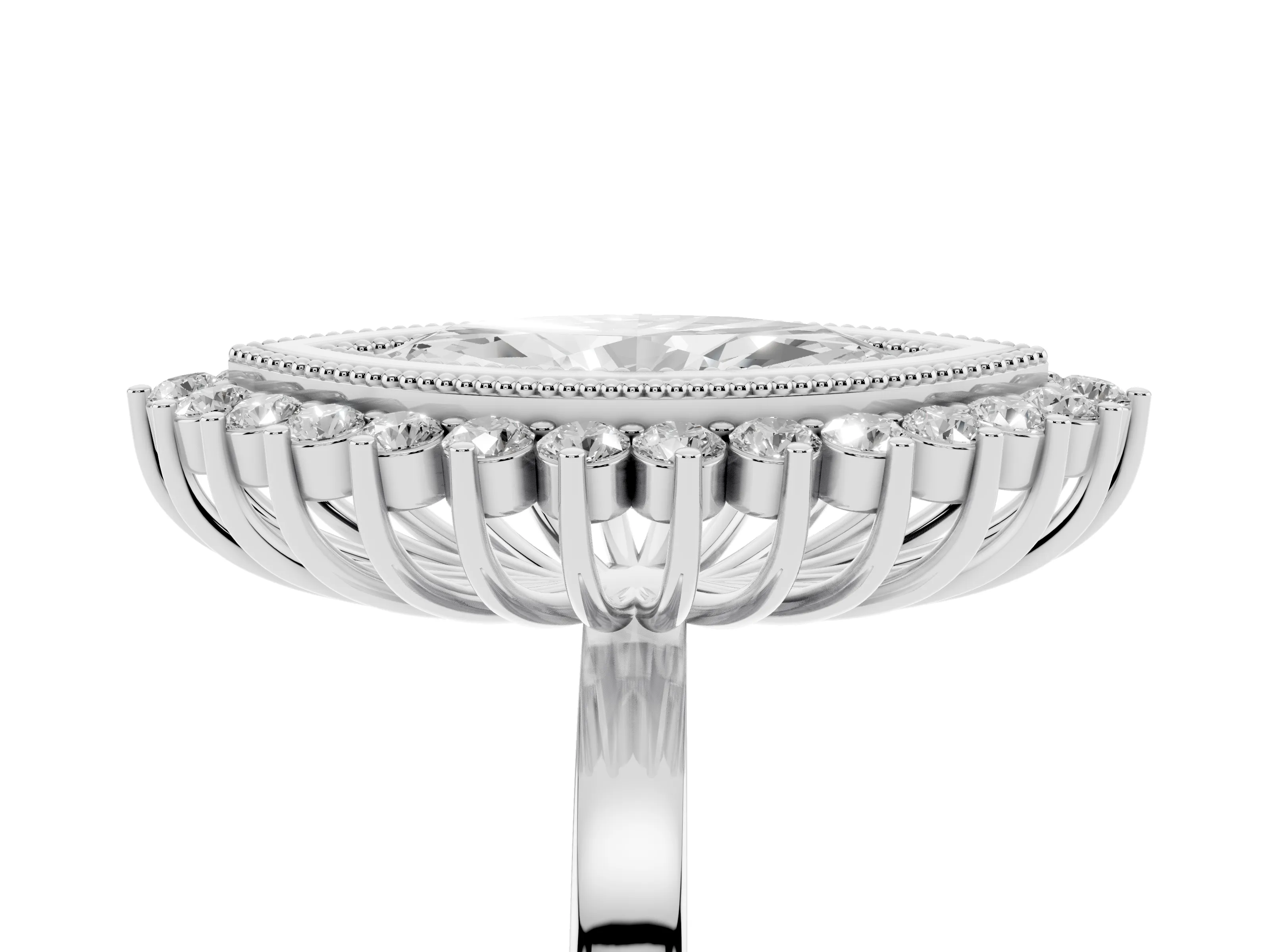 Marquise Cut Diamond Halo Ring Set in Silver with Milgrain Edge and Round Prong Setting