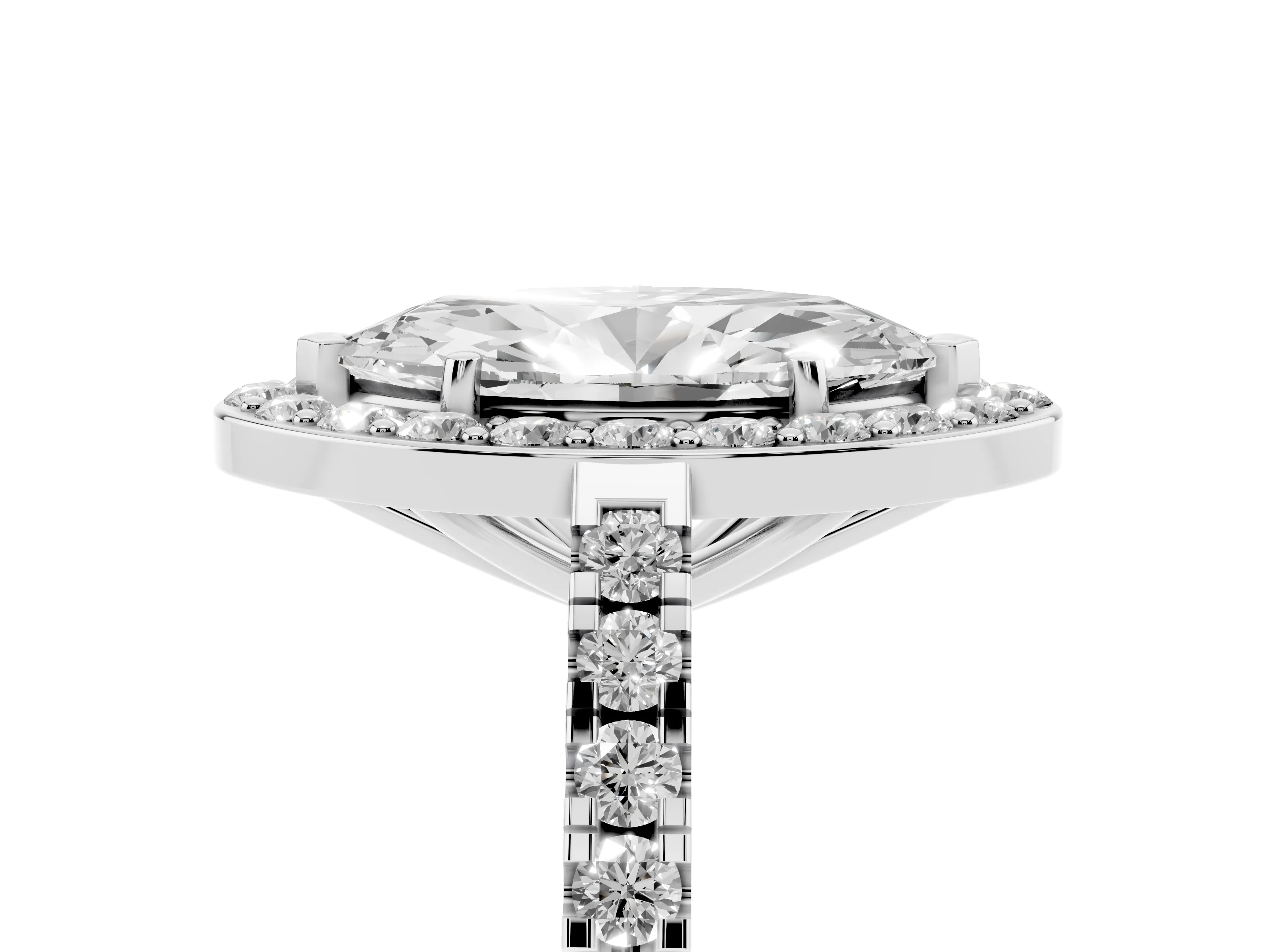Marquise Cut Diamond Halo Ring Set in Silver with Round Pavé Split Shank and Prong Setting