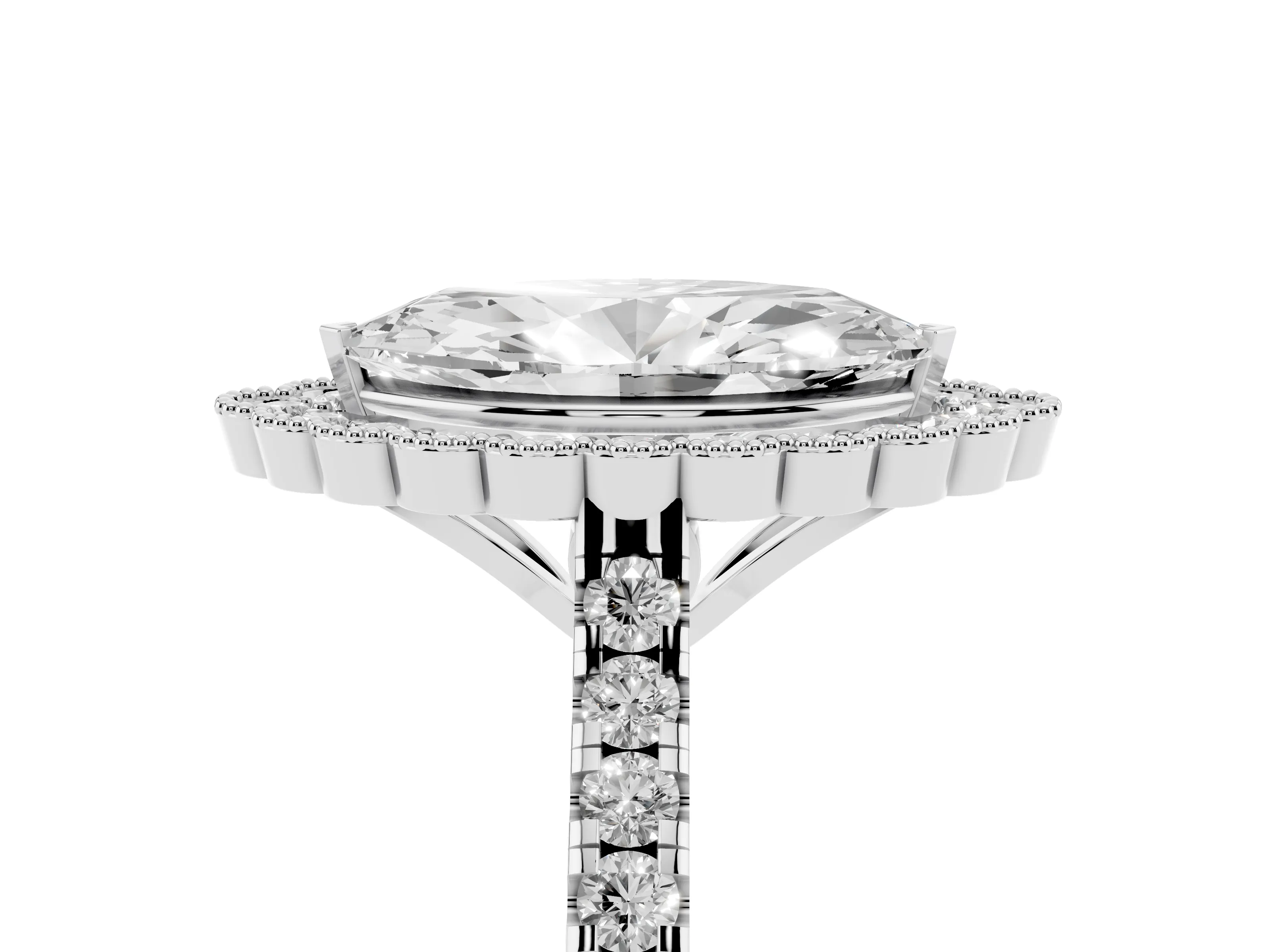 Marquise Cut Diamond Milgrain Floral Halo Engagement Ring Set in Silver with Pavé Band