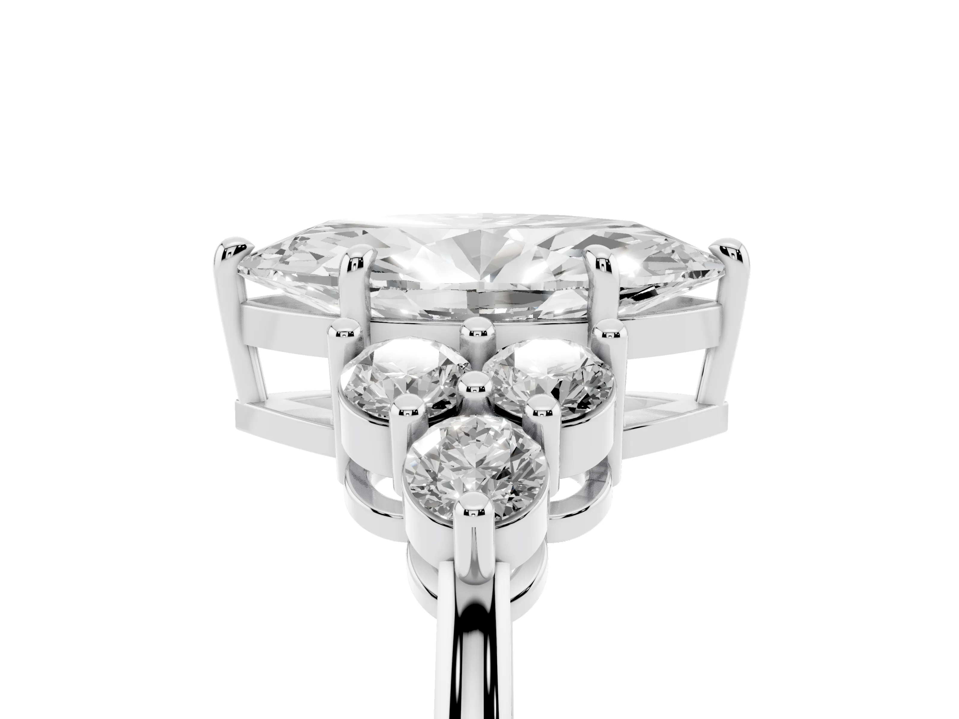 Marquise Cut Diamond Solitaire Ring Set in Platinum with Cluster Accents on Each Side
