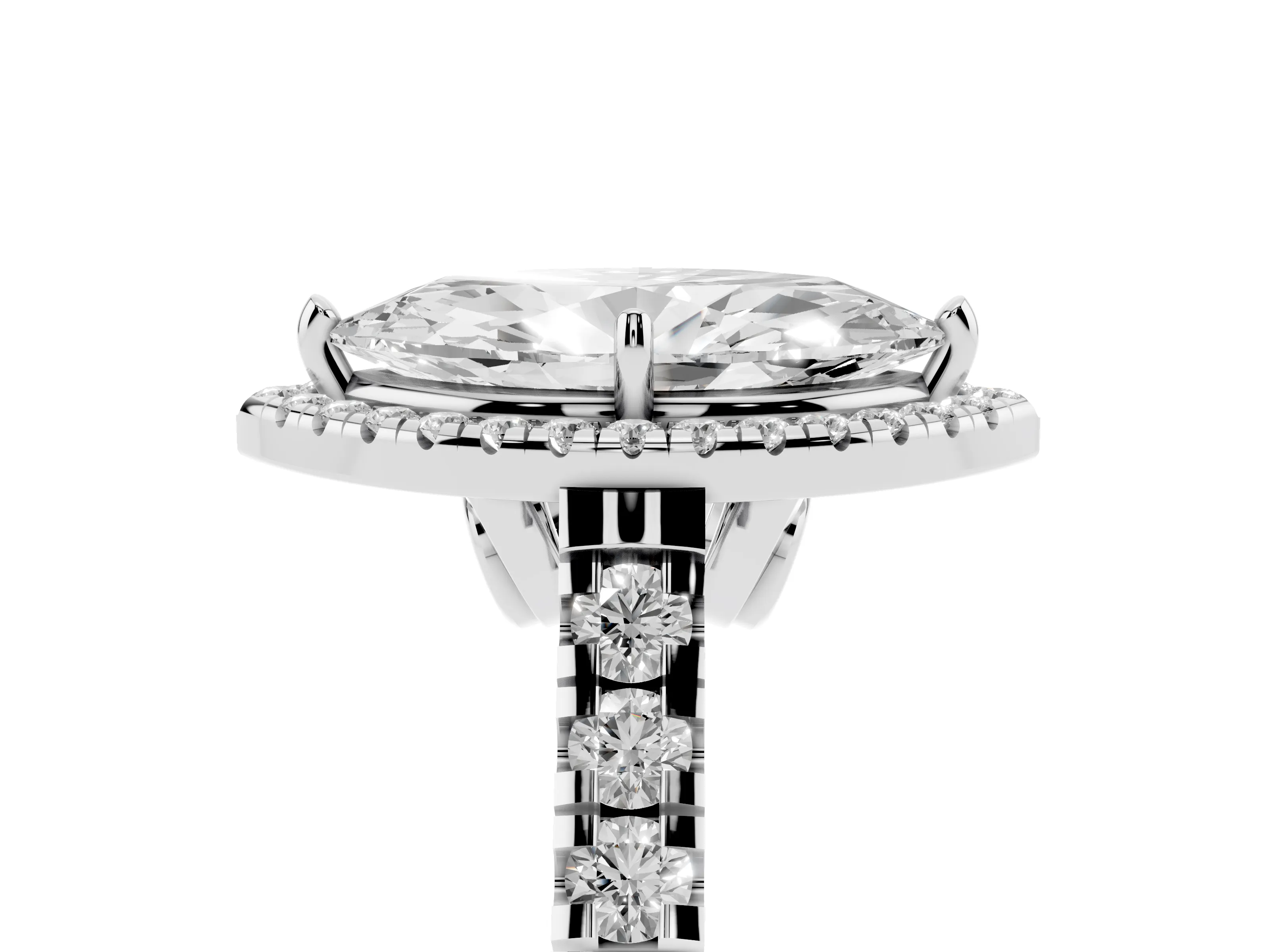 Marquise Cut Diamond Halo Engagement Ring Set in Platinum with Pavé Band and Prong-Set Center
