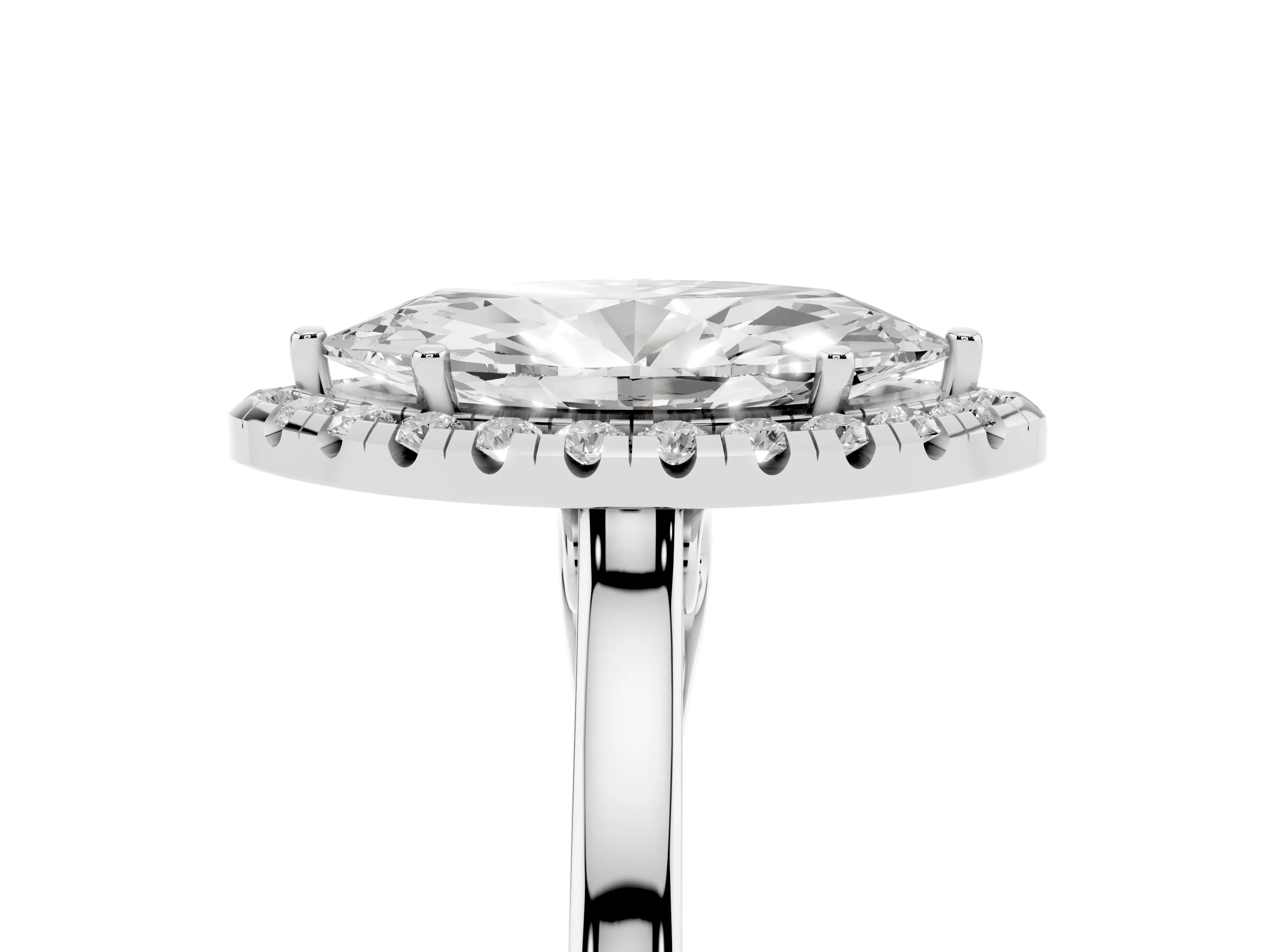 Marquise Cut Halo Round Diamond Solitaire Ring Set in White gold with Pavé Band and Prong Setting