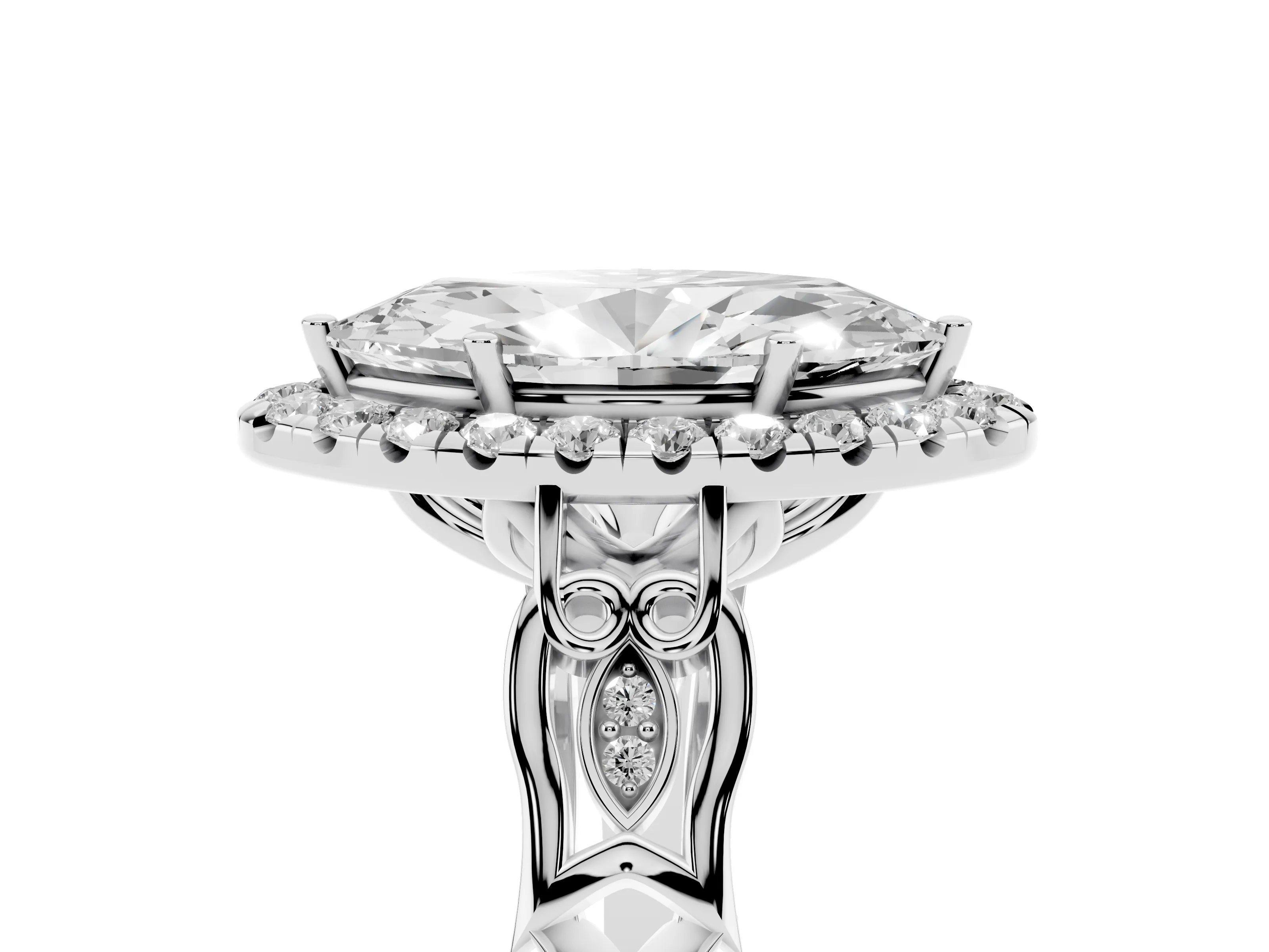 Marquise Cut Diamond Halo Engagement Ring Set in White gold with Filigree Band and Prong-Set Center