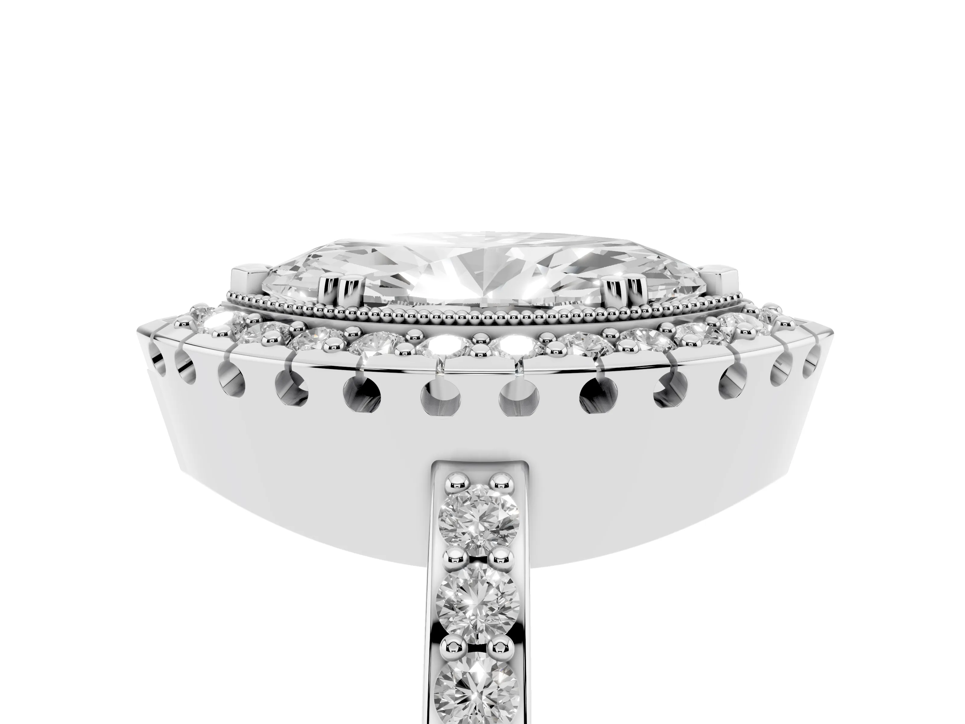Marquise Cut Diamond Halo Ring Set in White gold with Pavé Shank and Prong Setting