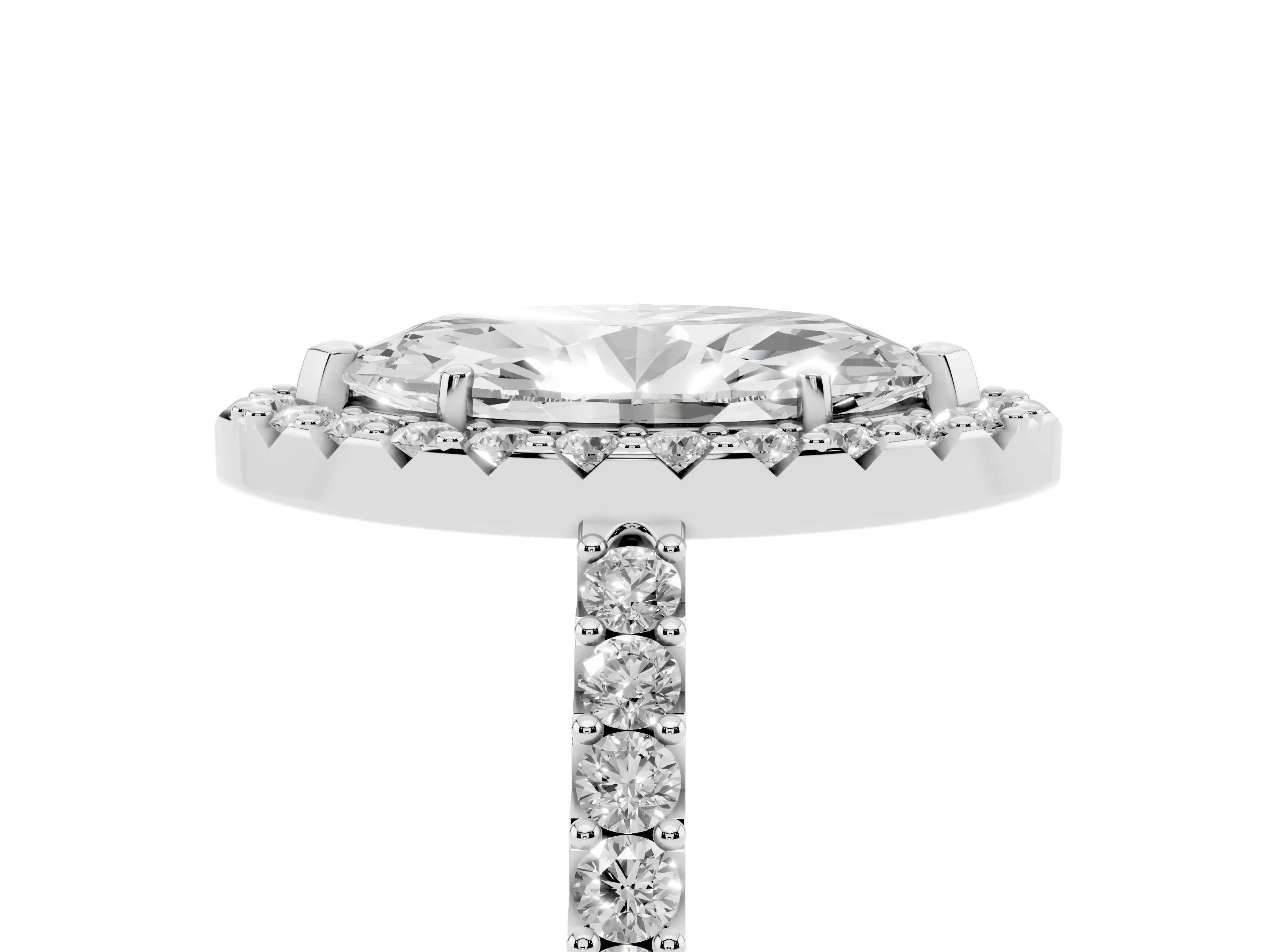 Marquise Cut Diamond Halo Pavé Solitaire Ring Set in White gold with Prong-Set Center Stone