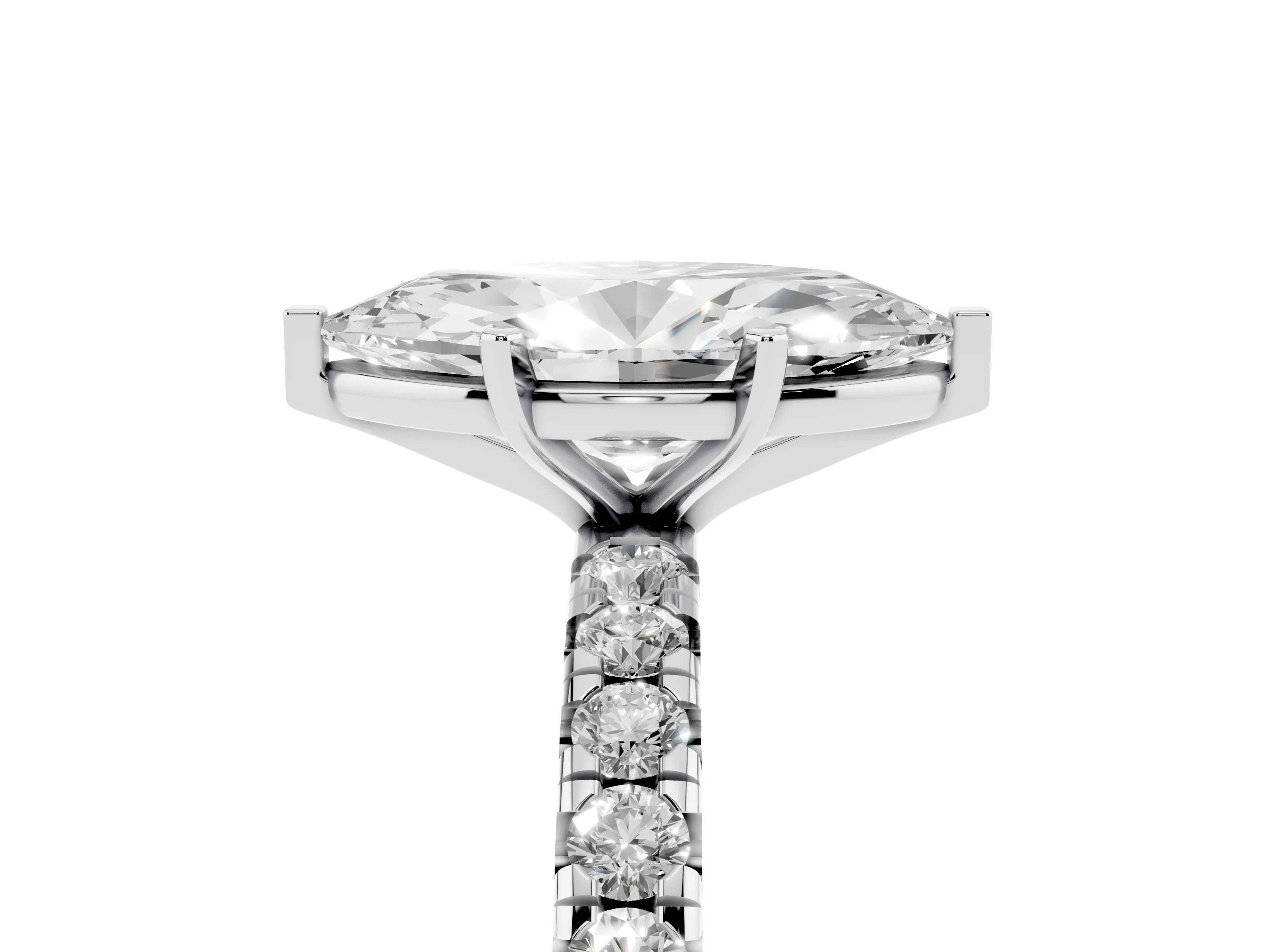 Marquise Cut Diamond Pavé Solitaire Ring Set in White gold with Round Band and Prong Setting
