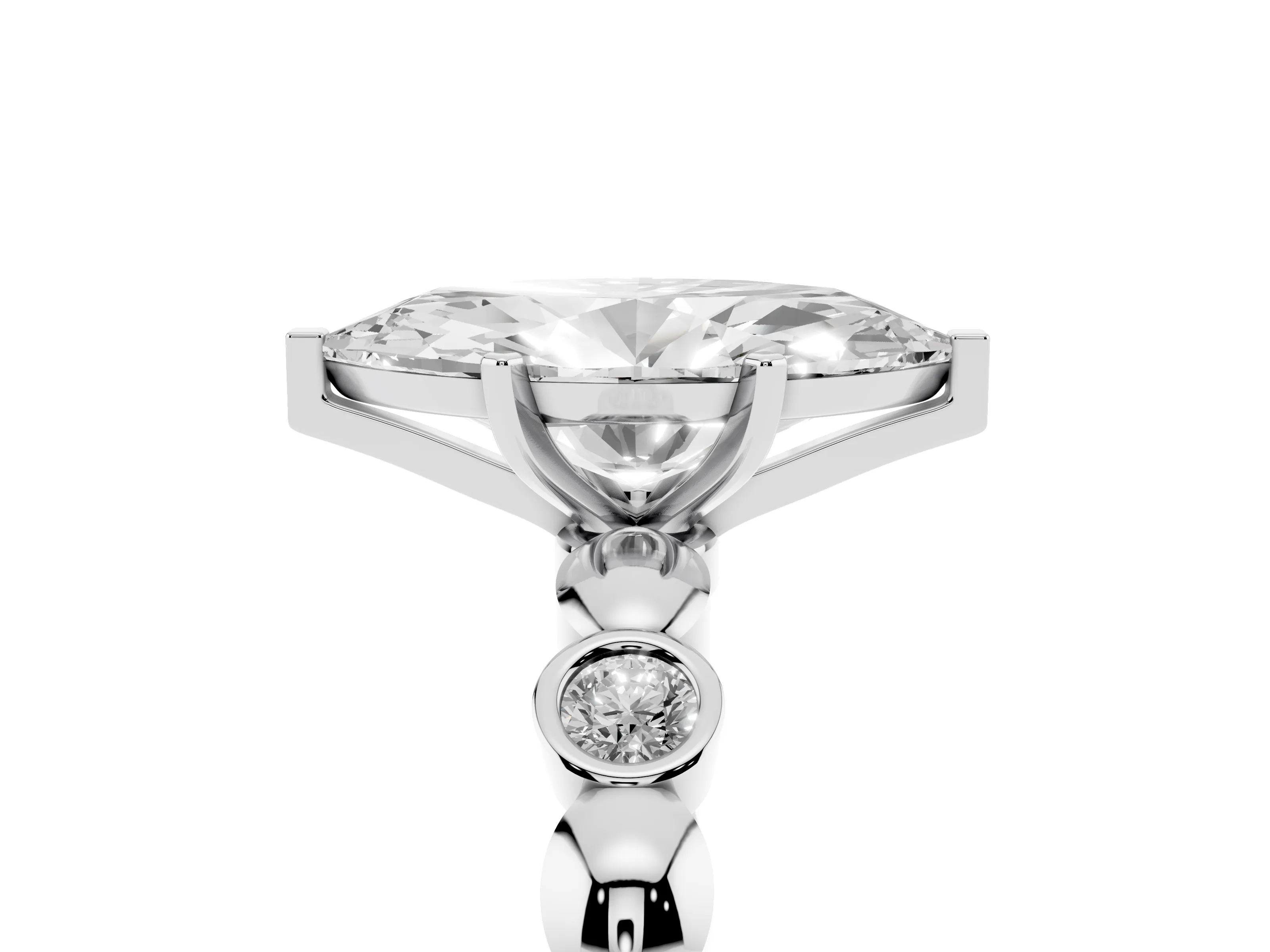 Marquise Cut Diamond Solitaire Ring Set in White gold with Bezel-Set Accents on Beaded Band and Prong Setting