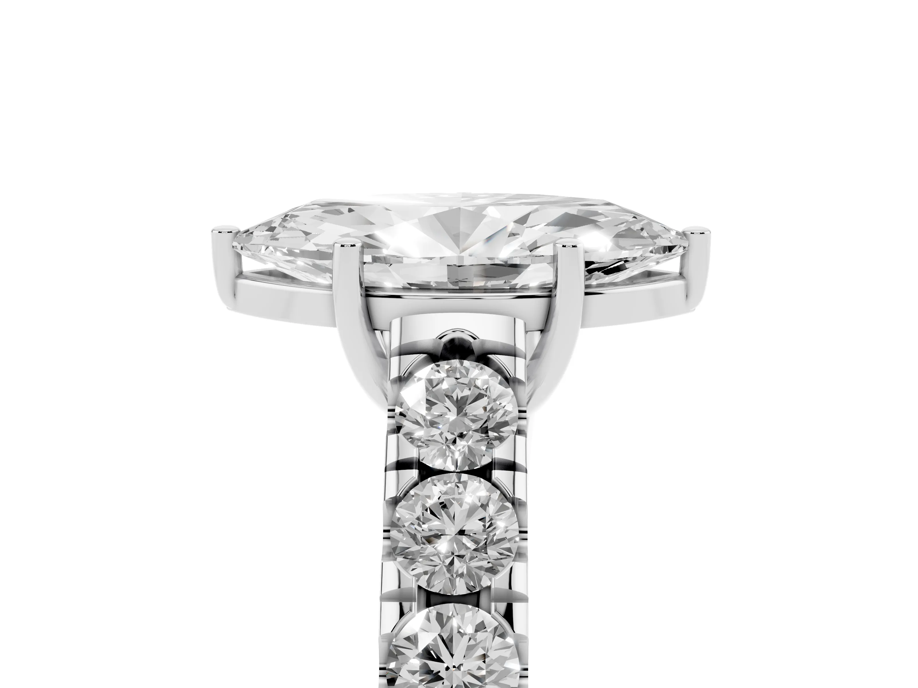 Marquise Cut Diamond Solitaire Ring Set in White gold with Cut-Down Micro Pavé Band and Prong Setting