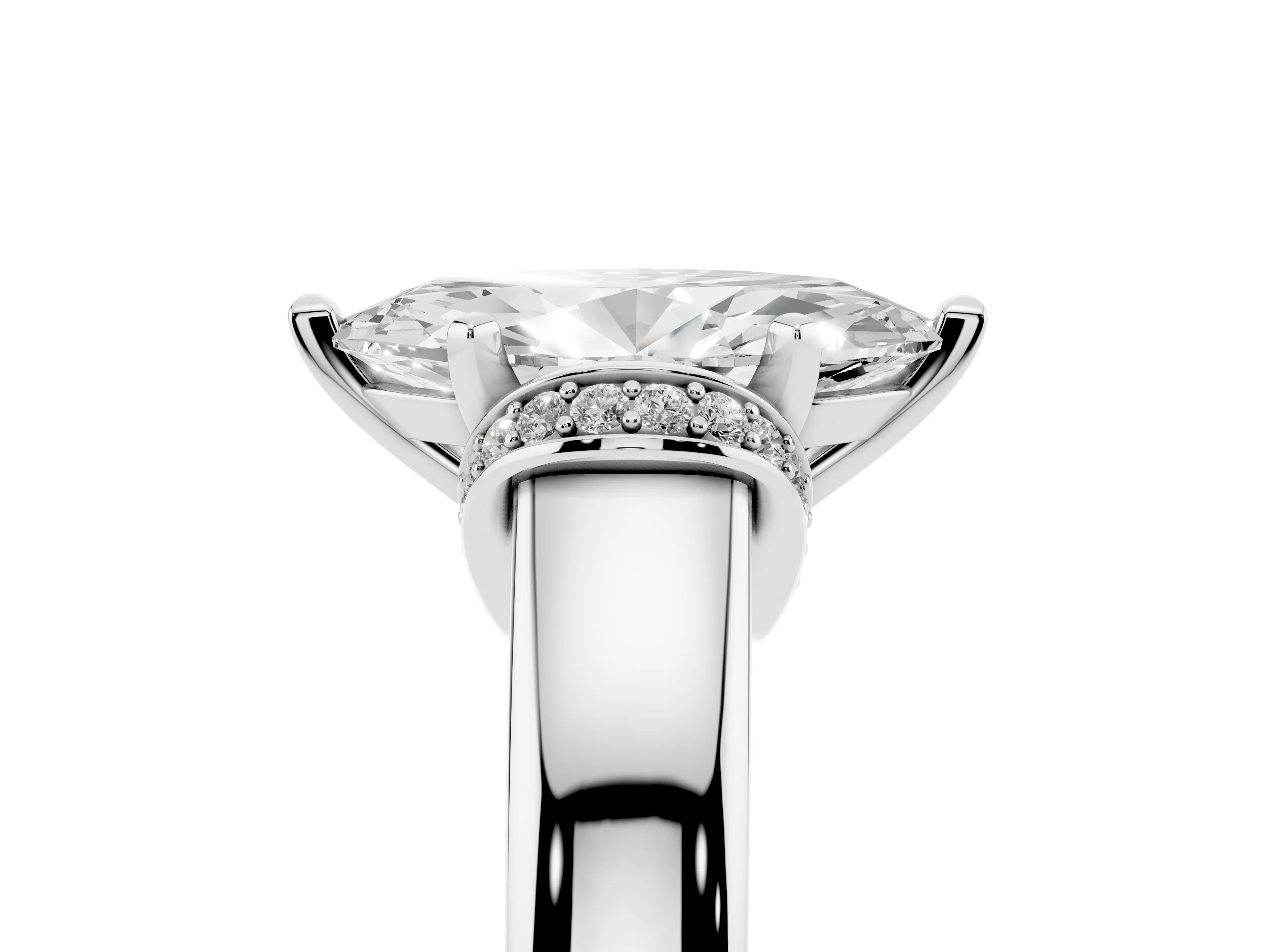 Marquise Cut Diamond Pavé Band Solitaire Ring Set in Silver with Prong Setting