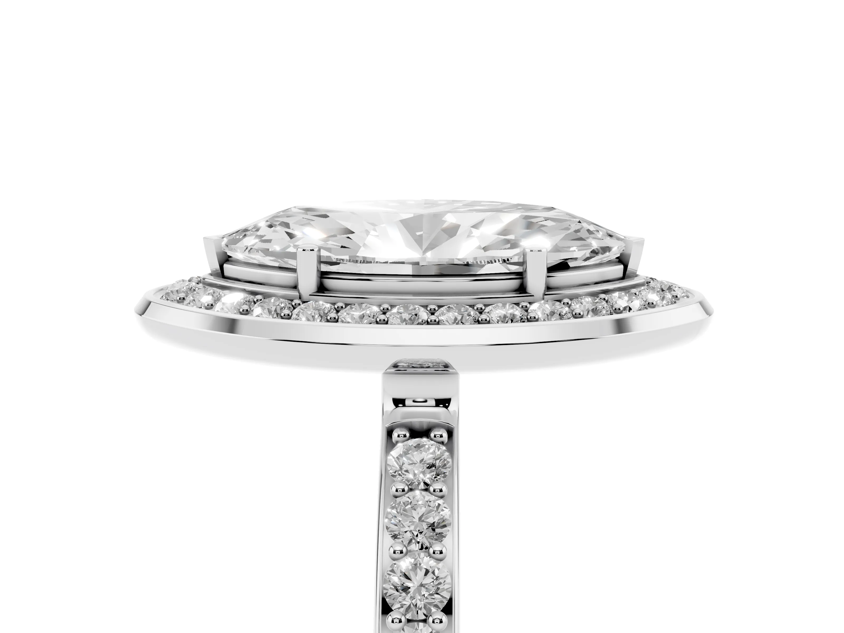 Marquise Cut Diamond Halo Ring Set in Platinum with Bezel Frame and Pavé Band