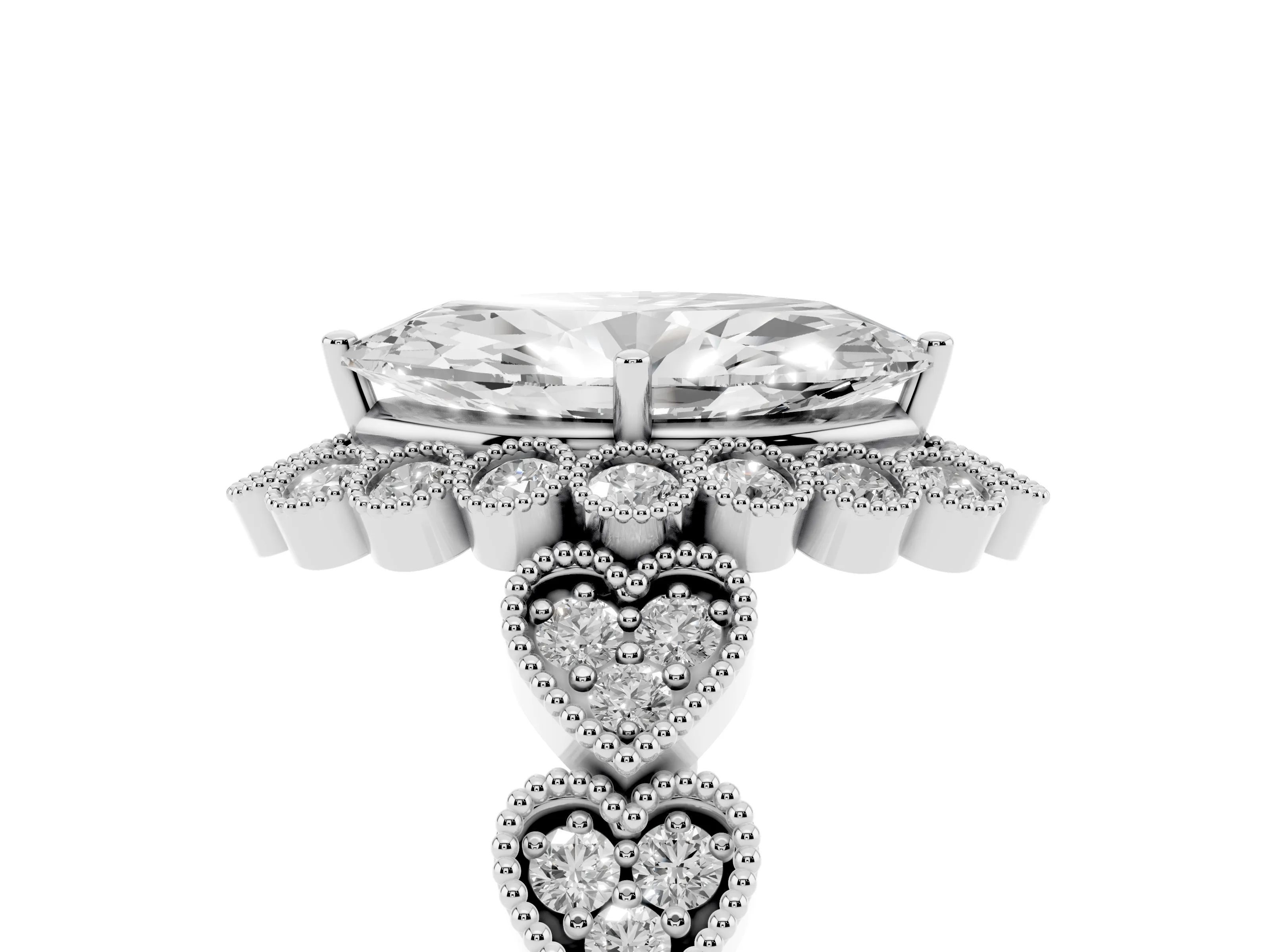 Marquise Cut Diamond Solitaire Ring Set in Platinum with Milgrain Pavé Heart Band