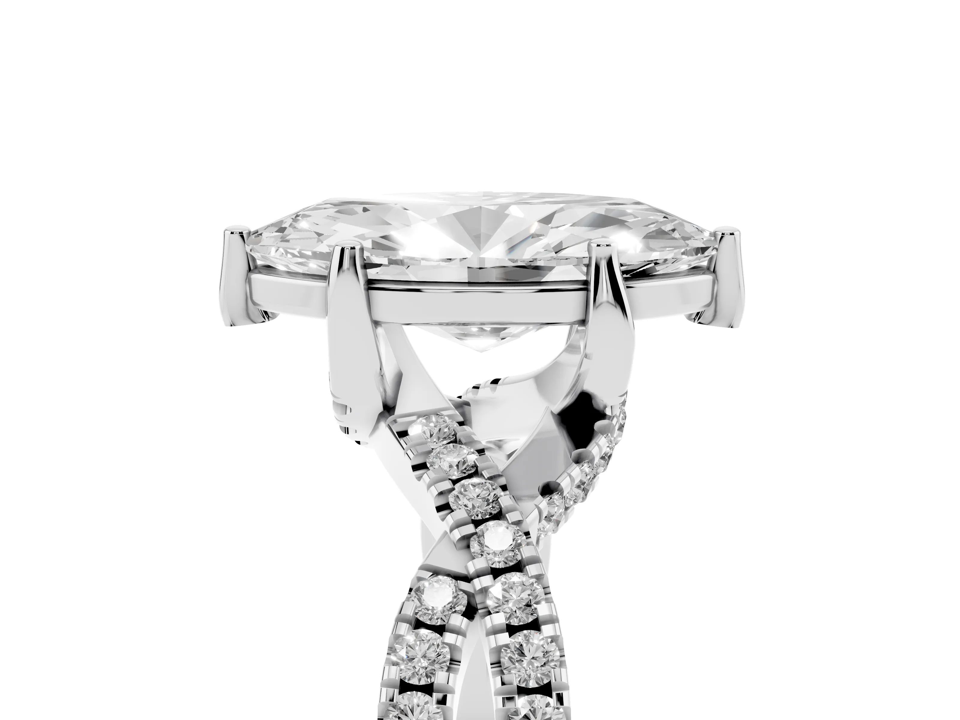 Marquise Cut Diamond Twist Pavé Solitaire Engagement Ring Set in White gold with Prong Setting