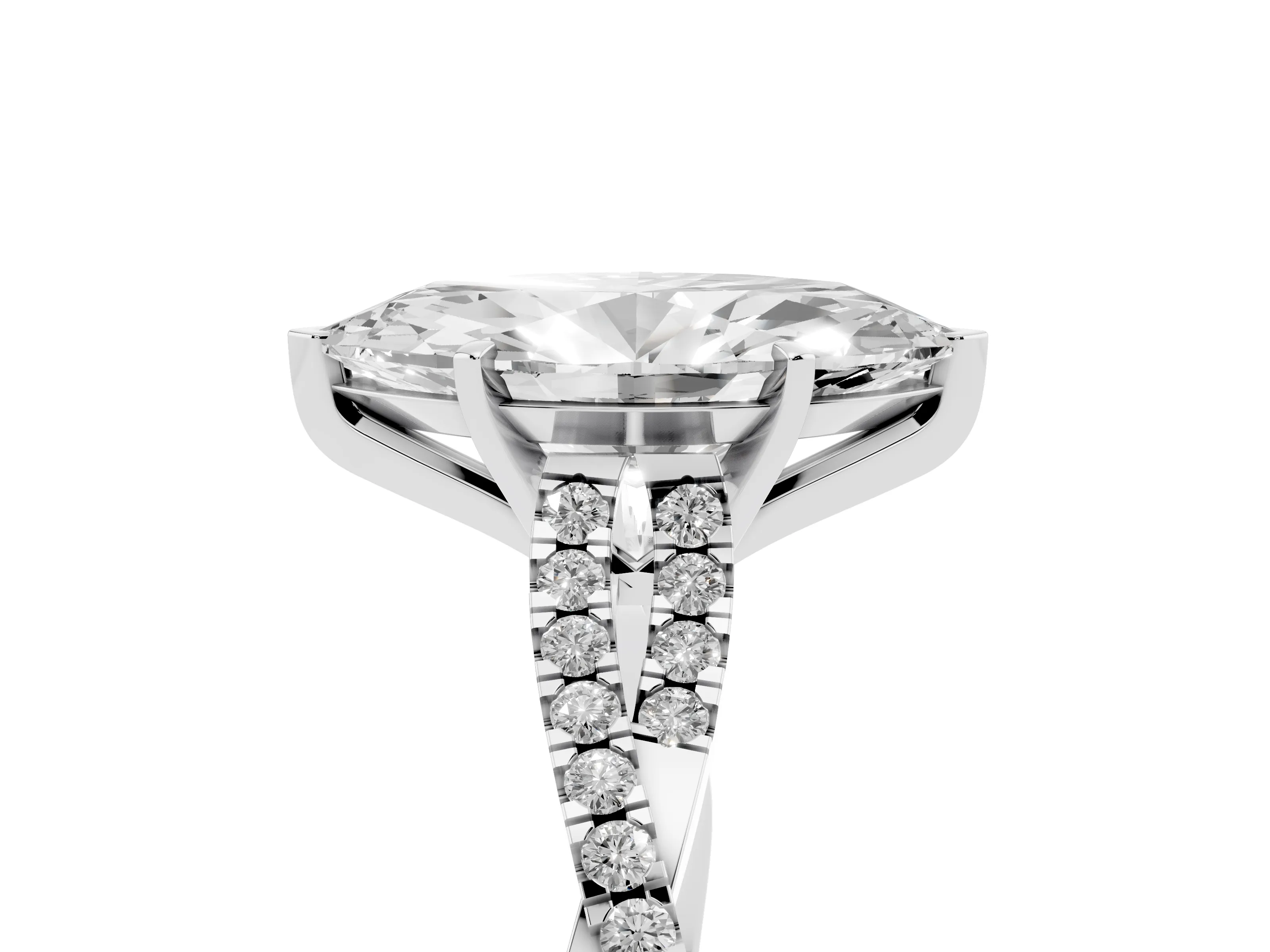 Marquise Cut Diamond Solitaire Engagement Ring Set in White gold with Twisted Pavé Band and Prong Setting