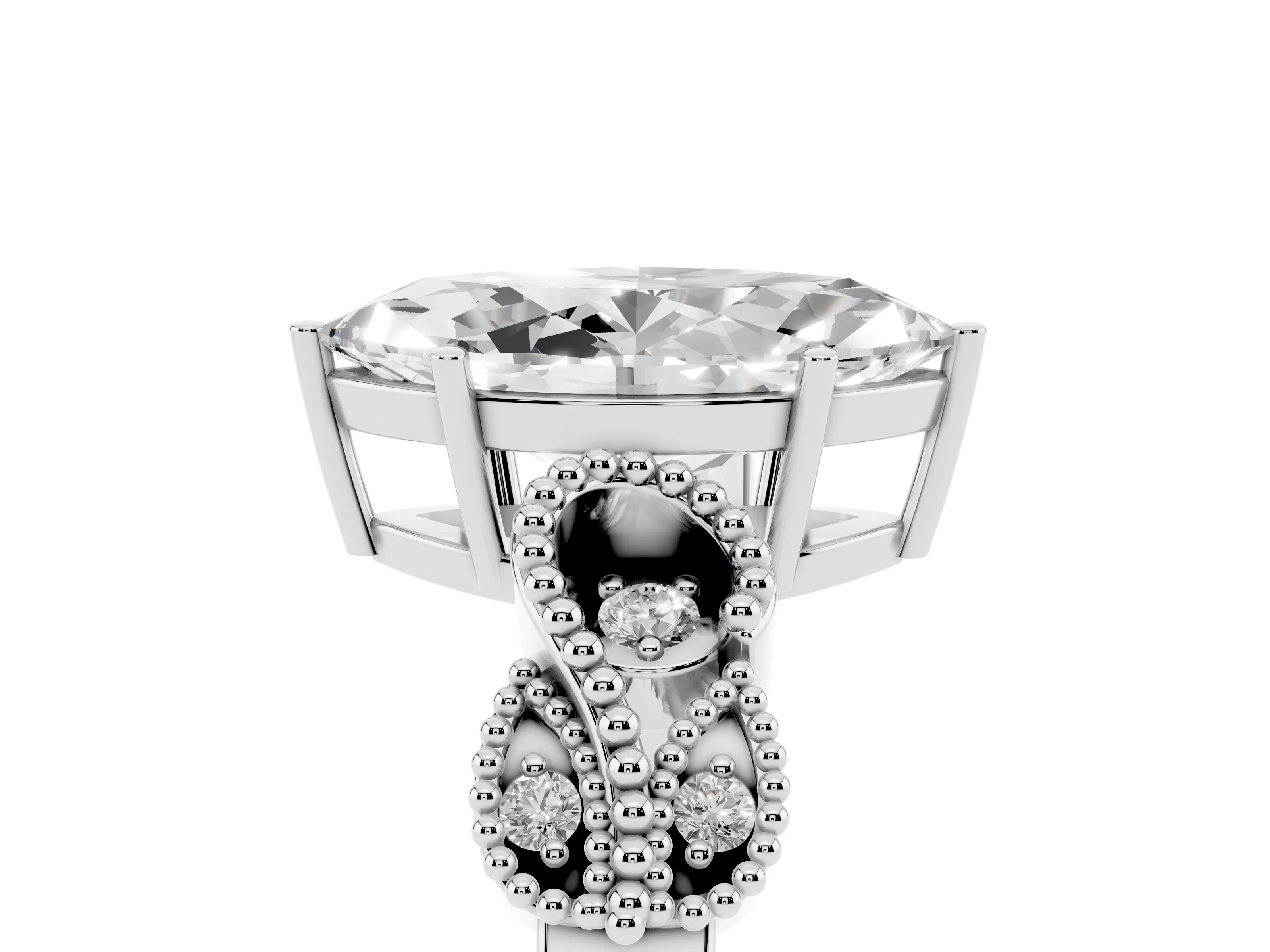 Marquise Cut Diamond Milgrain Leaf Band Solitaire Ring Set in White gold with Accent Stones and Prong Setting
