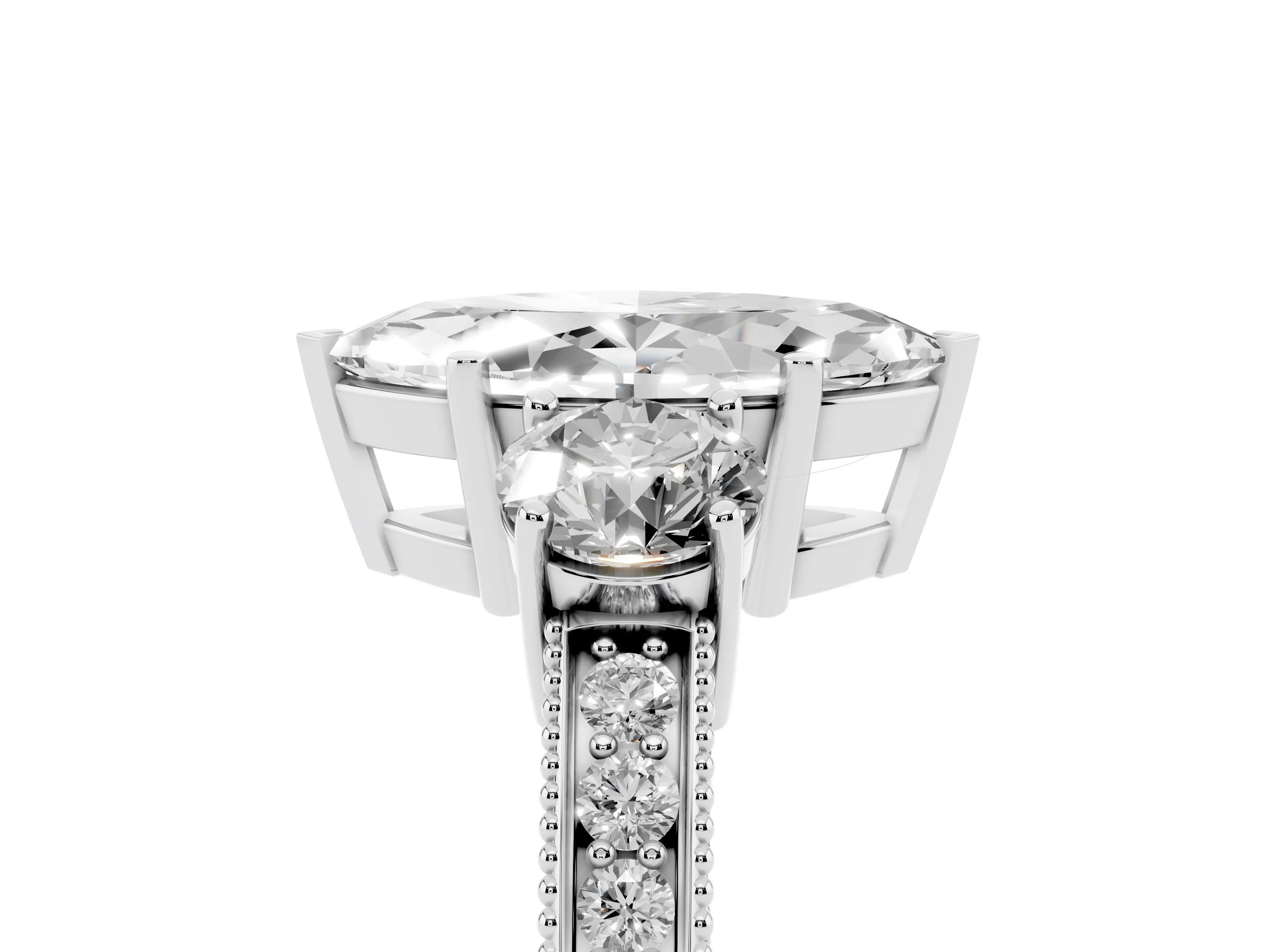 Marquise Cut Diamond Three-Stone Ring Set in Platinum with Round Side Stones and Pavé Band