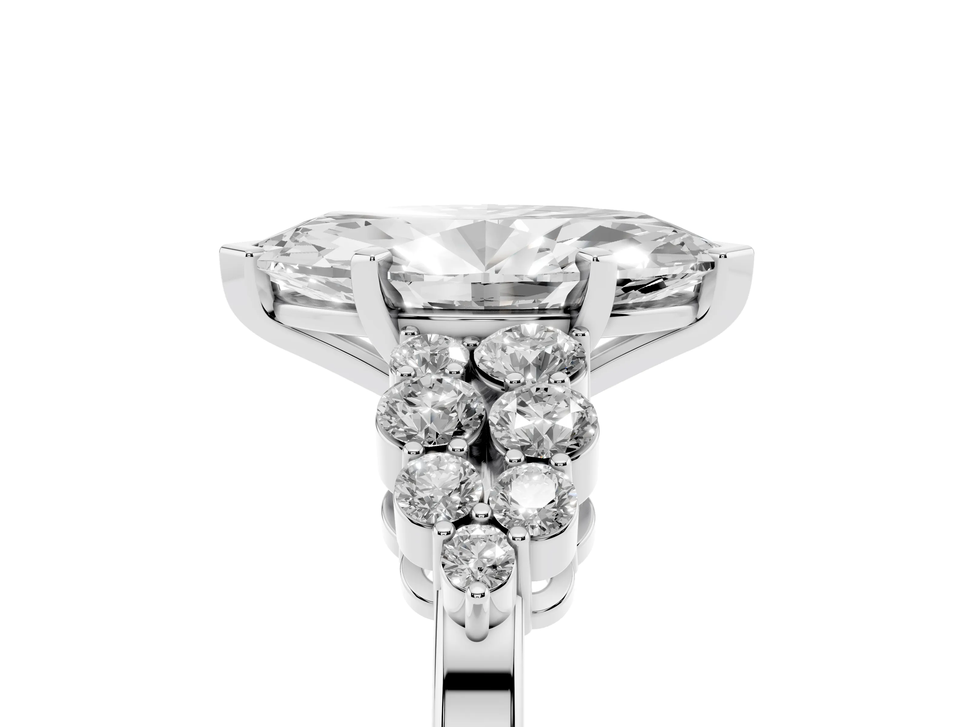 Marquise Cut Diamond Cluster Engagement Ring Set in Silver with Pavé Band and Prong Setting
