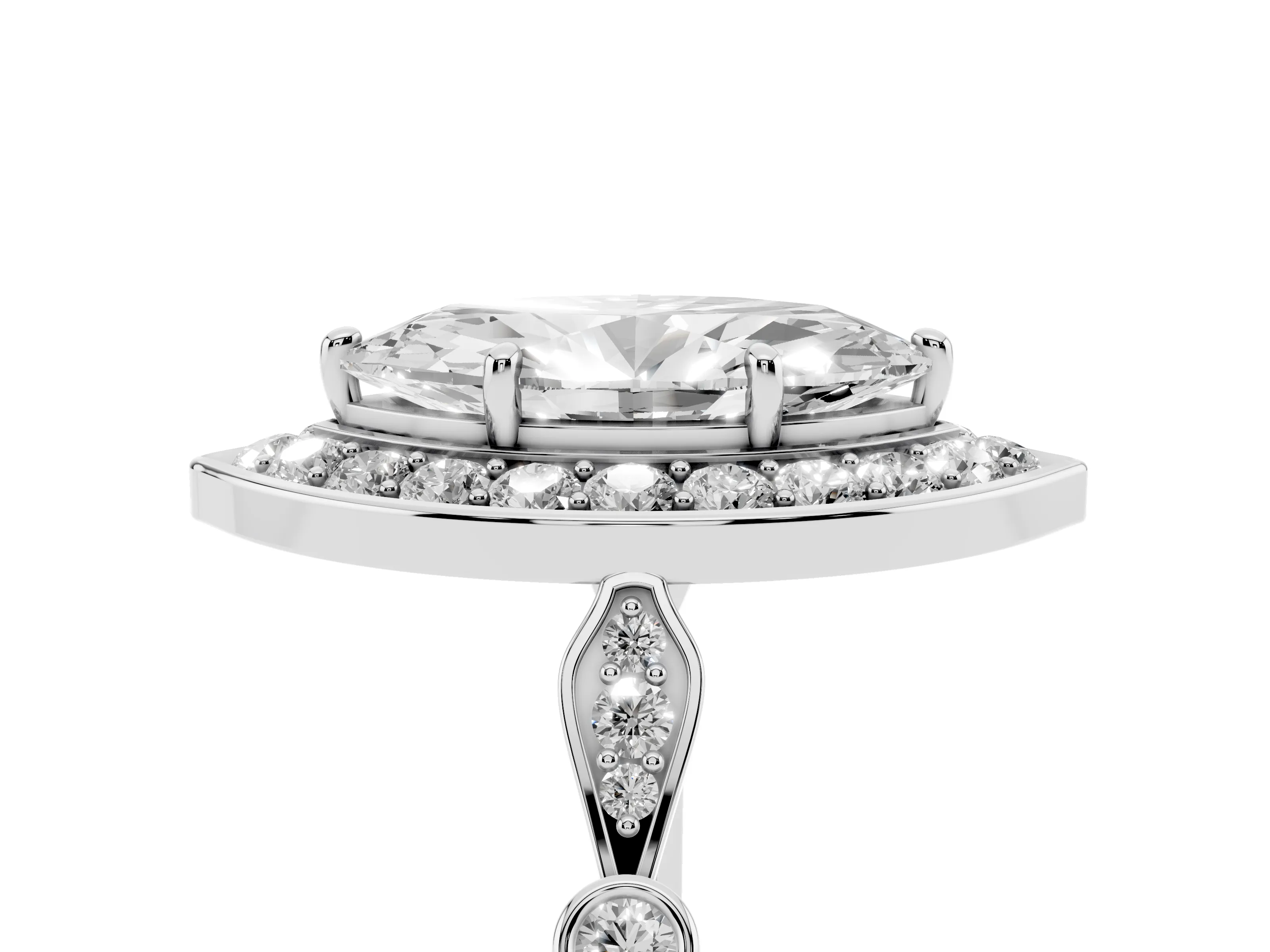Marquise Cut Diamond Halo Engagement Ring Set in White gold with Twisted Band and Prong Setting