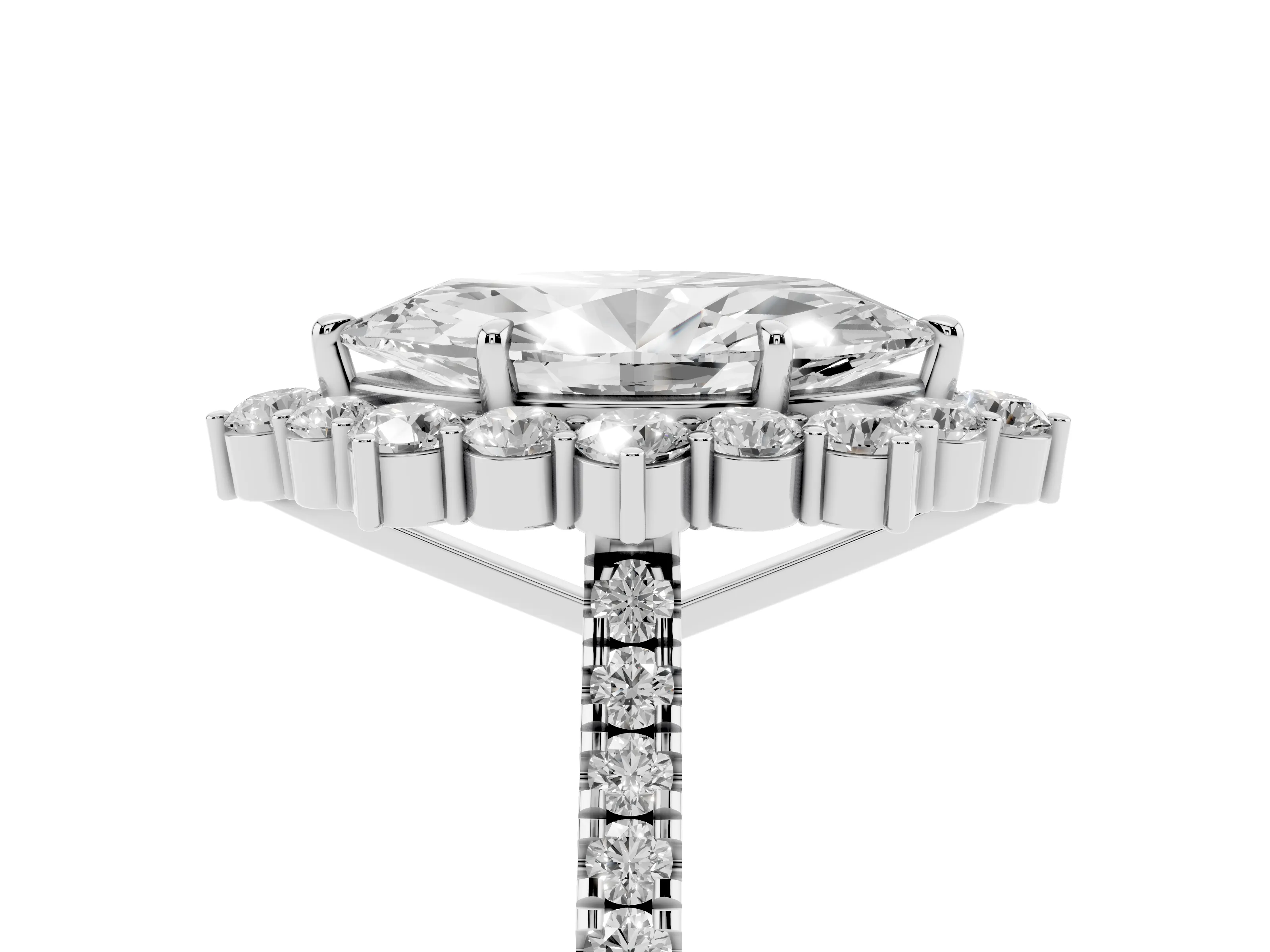 Marquise Cut Diamond Halo Ring Set in Silver with Pavé Band and Prong Setting