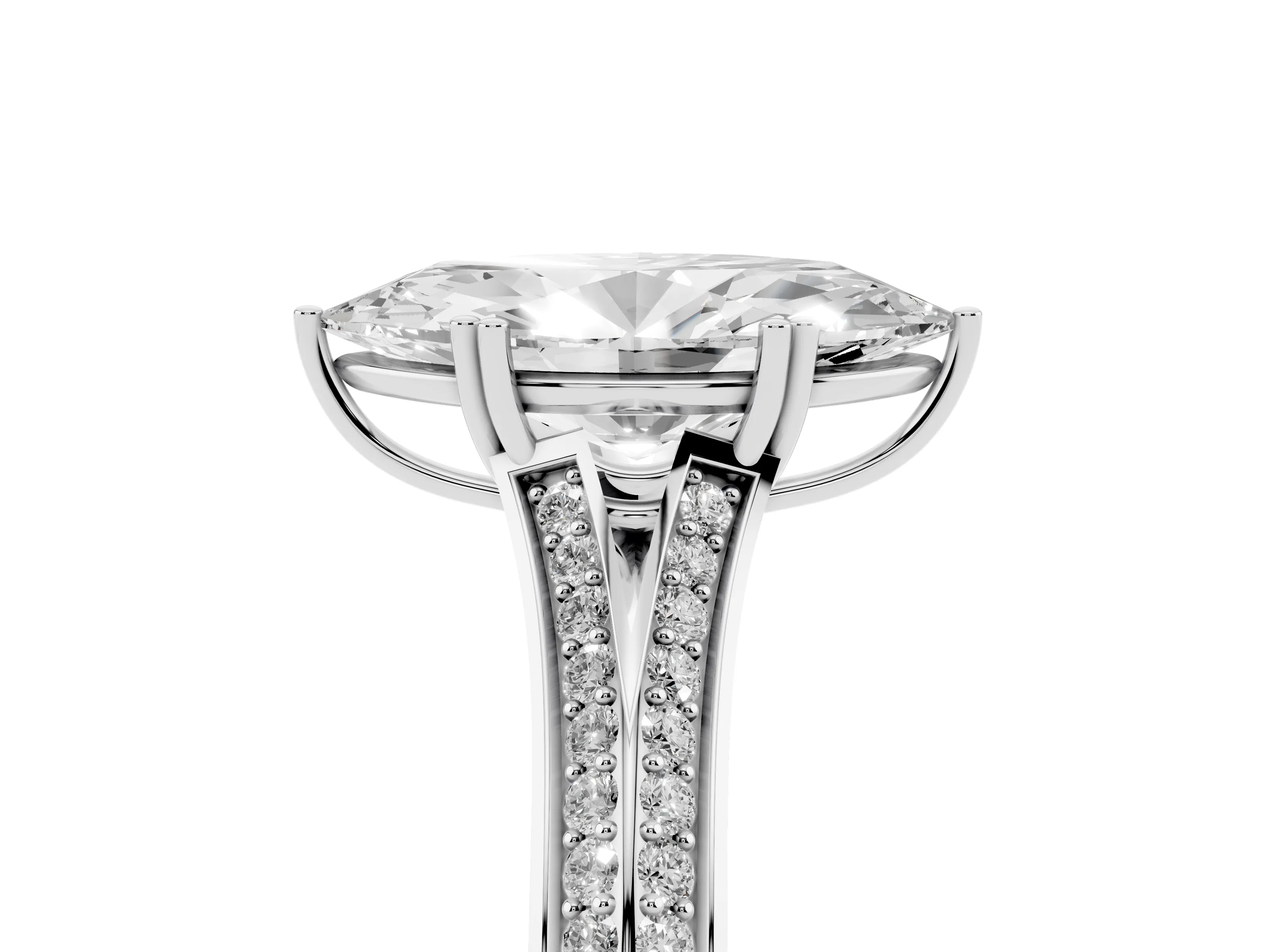 Marquise Cut Diamond Split Shank Pavé Engagement Ring Set in Platinum with Prong-Set Center Stone