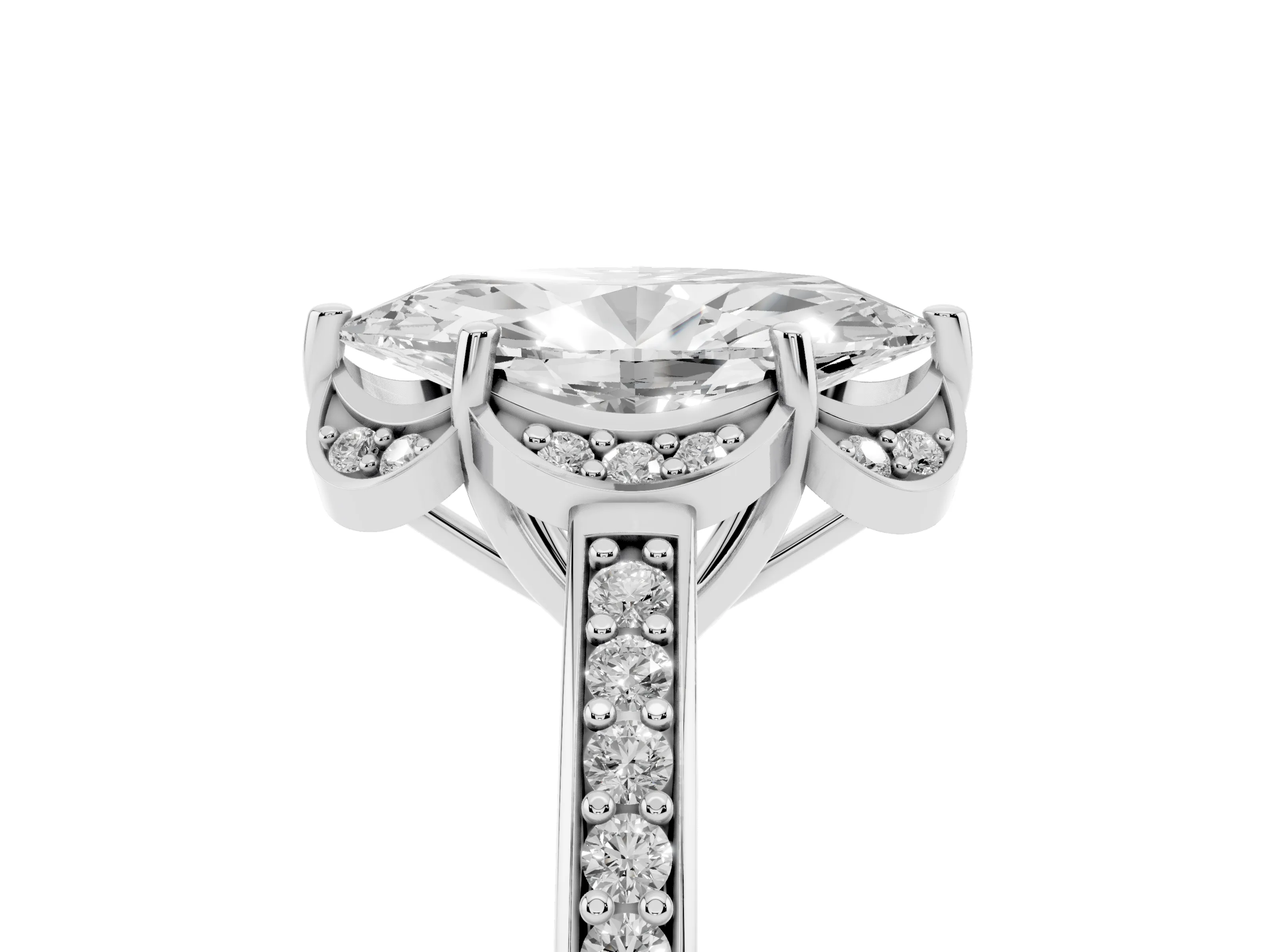 Marquise Cut Cut Halo Diamond Ring with Channel Set Band and Four-Prong Setting White gold