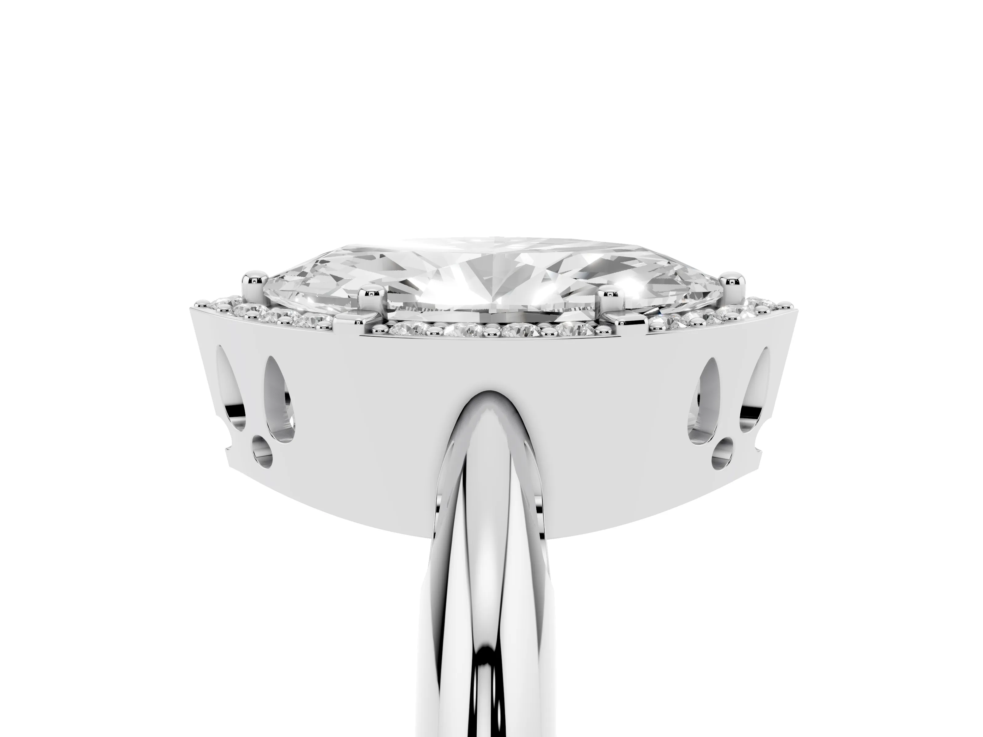 Marquise Cut Diamond Halo Engagement Ring Set in White gold with Plain Split Shank and Prong Setting