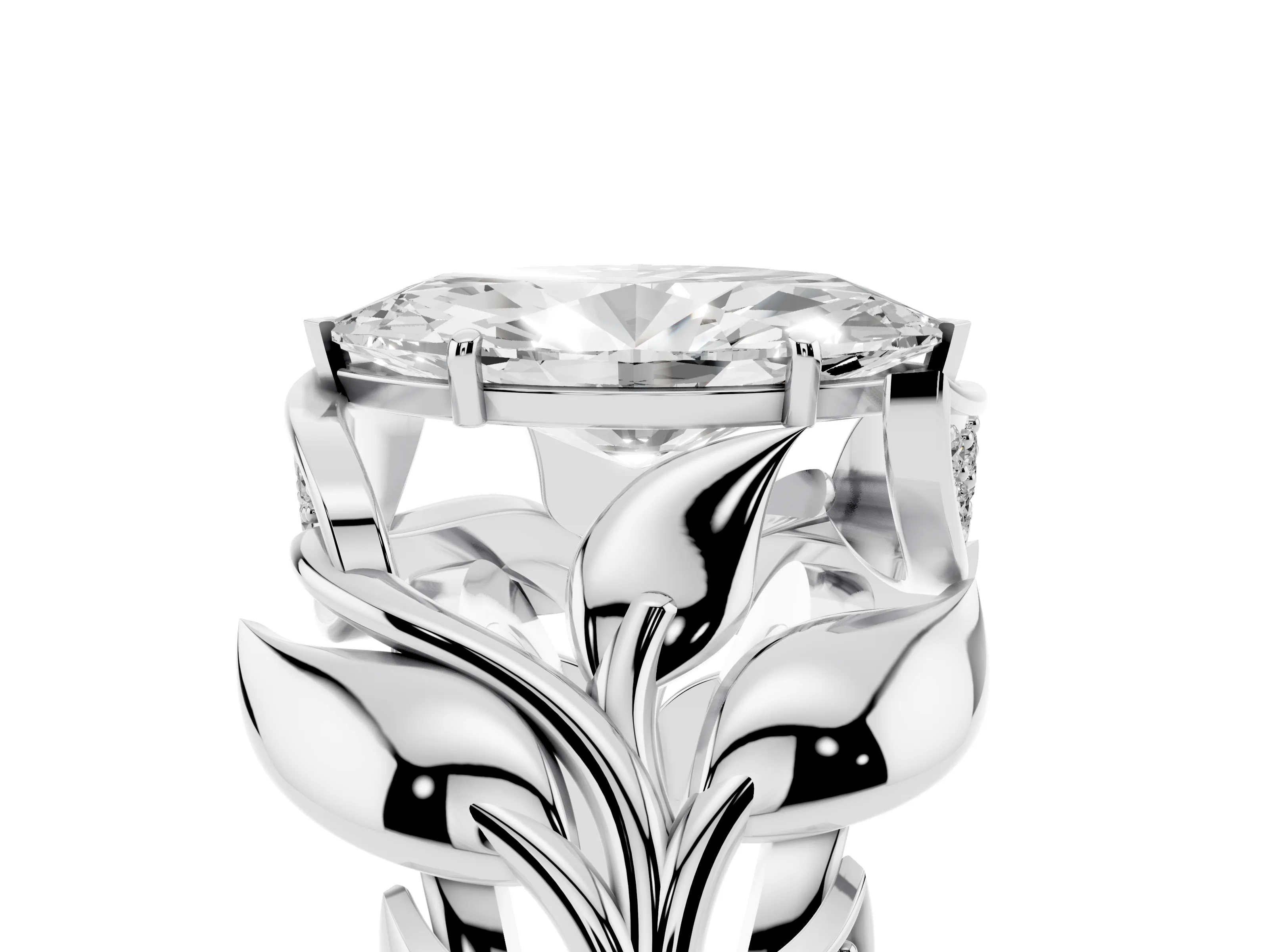 Marquise Cut Diamond Leaf-Inspired Engagement Ring Set in Platinum with Round Accents