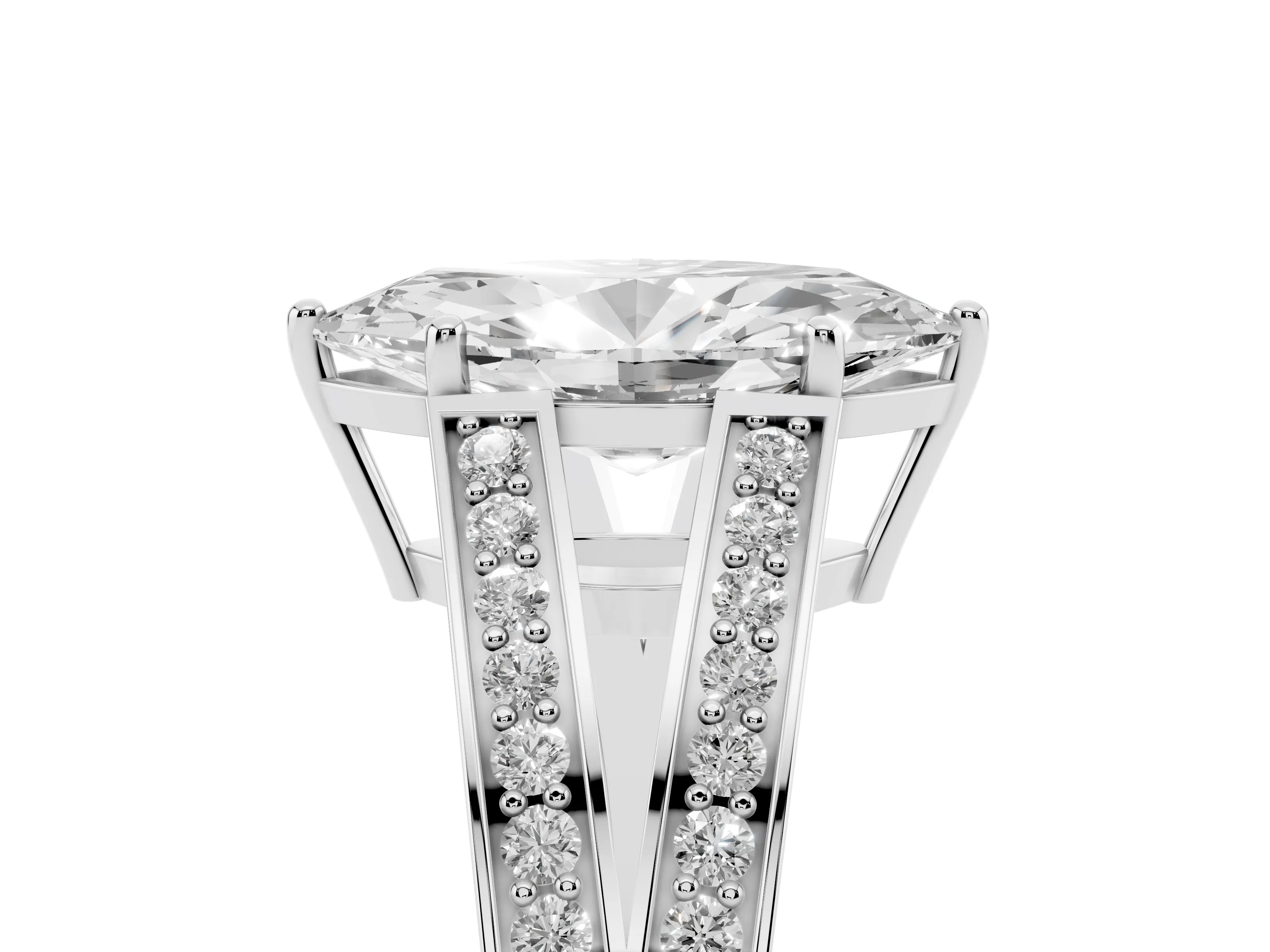 Marquise Cut Diamond Split Shank Ring Set in Platinum with Pavé Band and Prong Setting