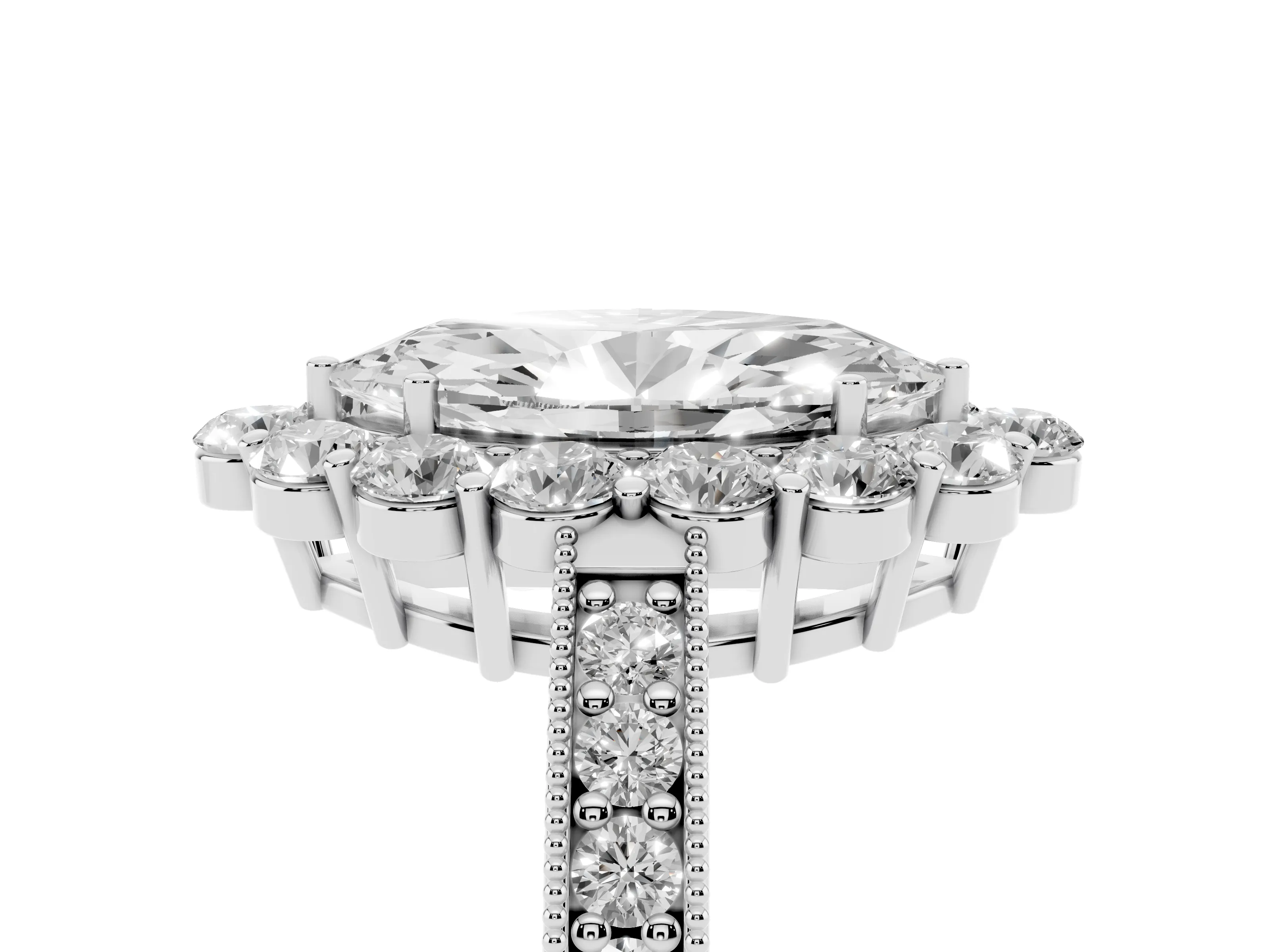 Marquise Cut Diamond Halo Pavé Engagement Ring Set in White gold with Milgrain Detailing