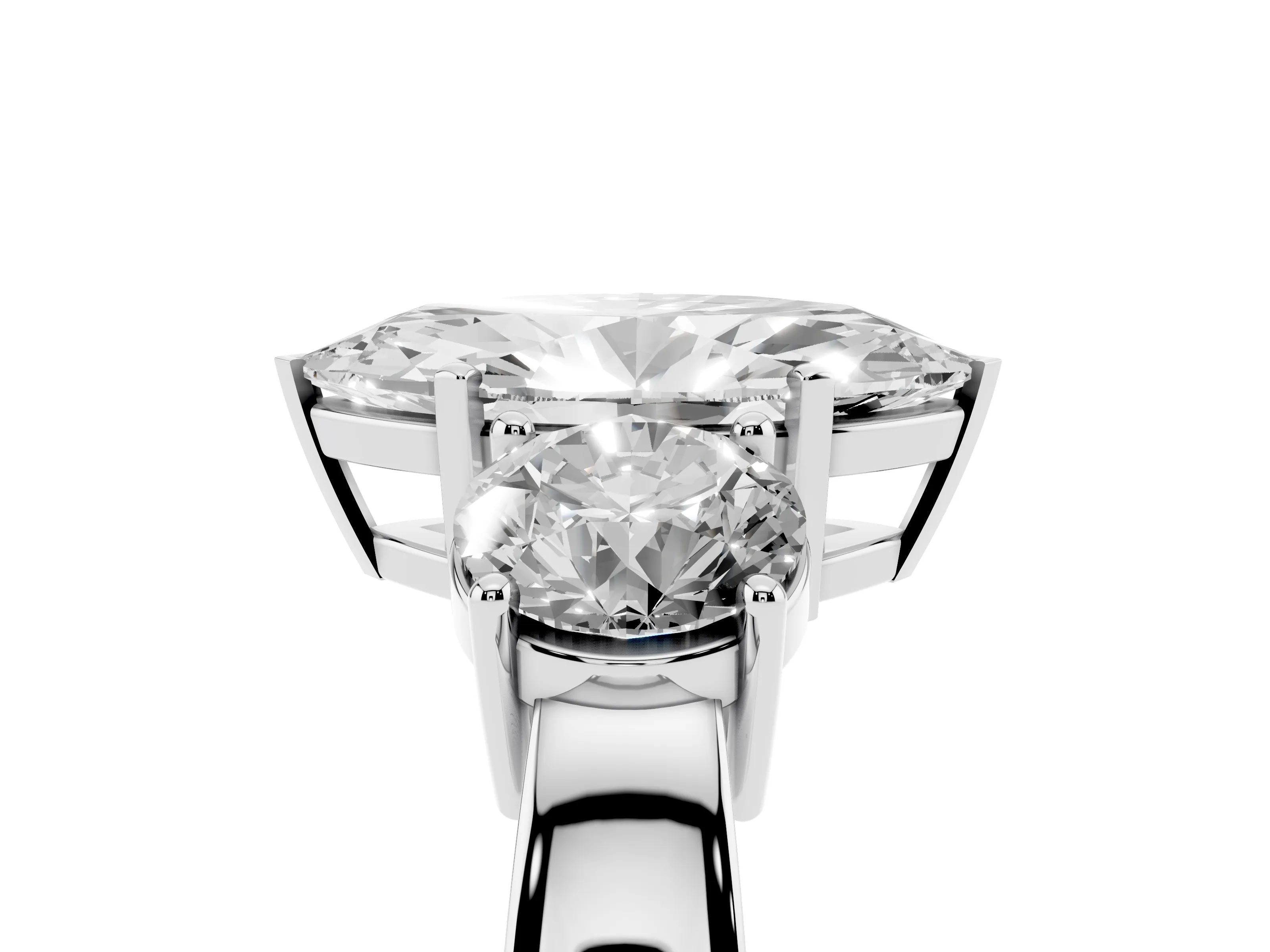 Marquise Cut Diamond Three-Stone Ring Set in Platinum with Round Side Stones and Classic Band