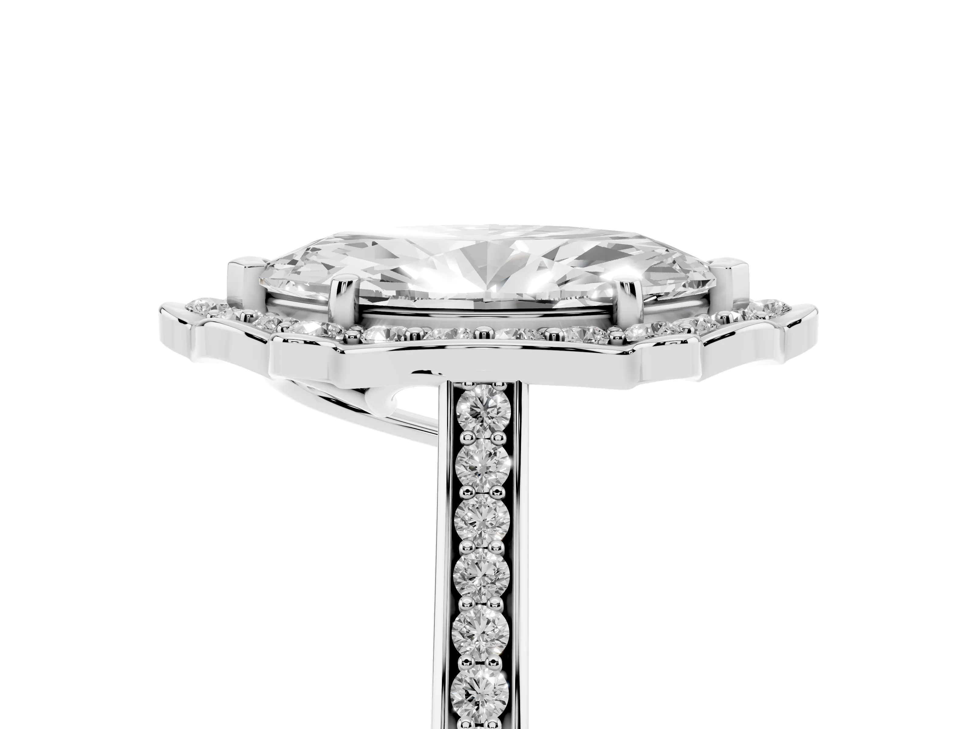 Marquise Cut Diamond Halo Ring Set in White gold with Pavé-Lined Shoulders and Prong Setting