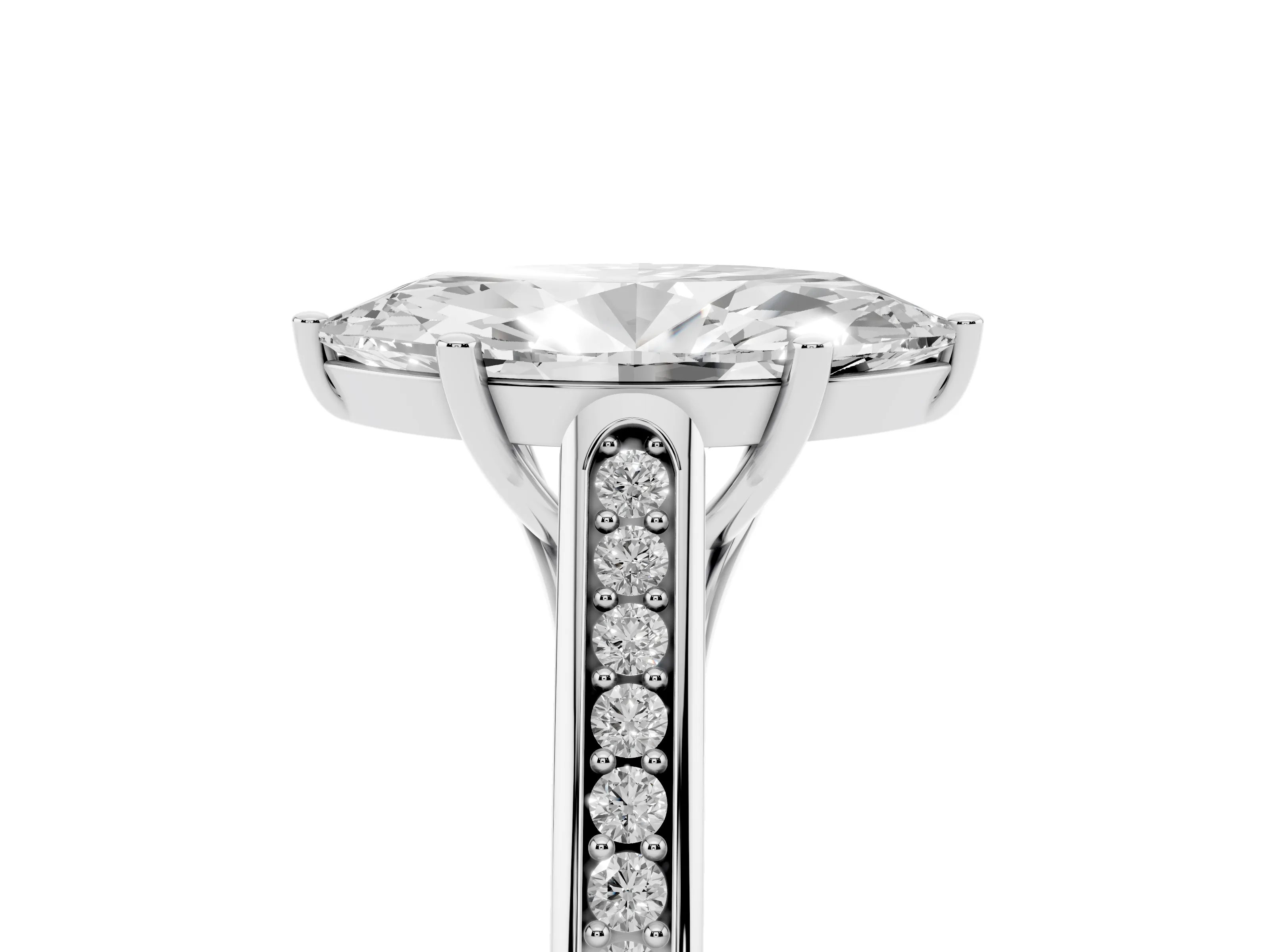Marquise Cut Diamond Solitaire Cathedral Engagement Ring Set in White gold with Channel-Set Band and Prong Setting