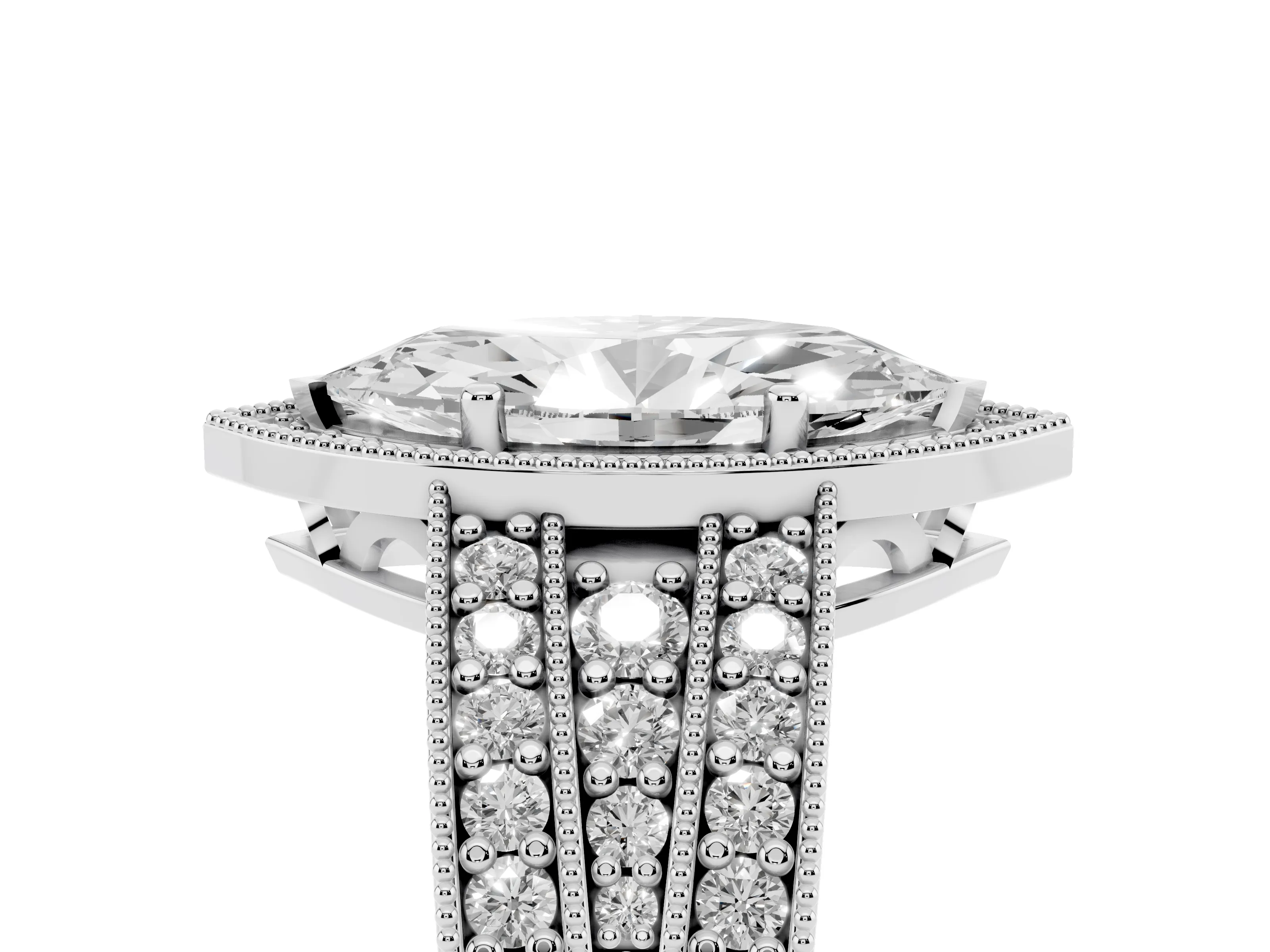 Marquise Cut Diamond Halo Ring Set in White gold with Accent Split Shank and Prong Setting