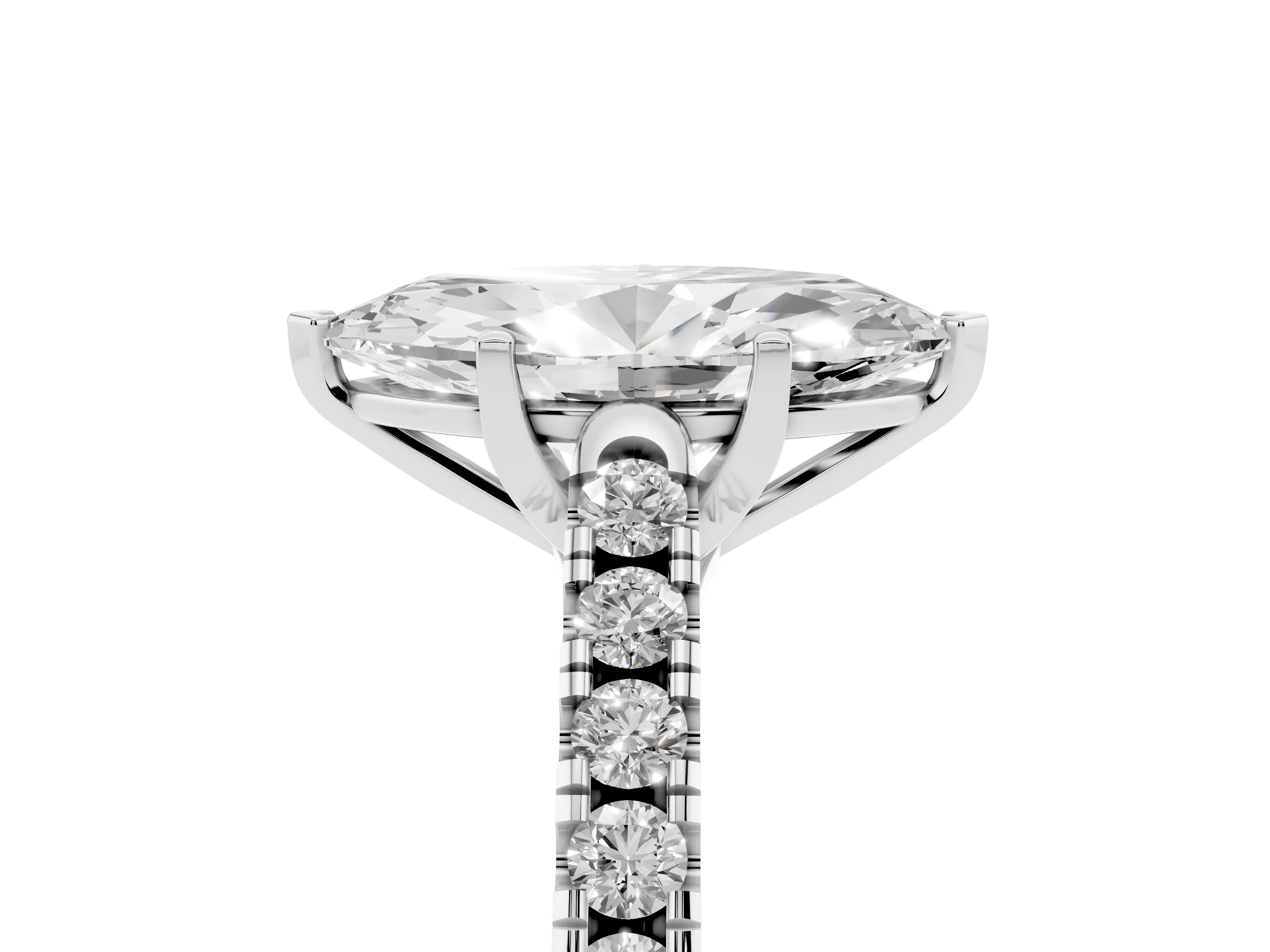 Marquise Cut Diamond Pavé Band Solitaire Ring Set in White gold with Partway Accent Stones and Prong Setting