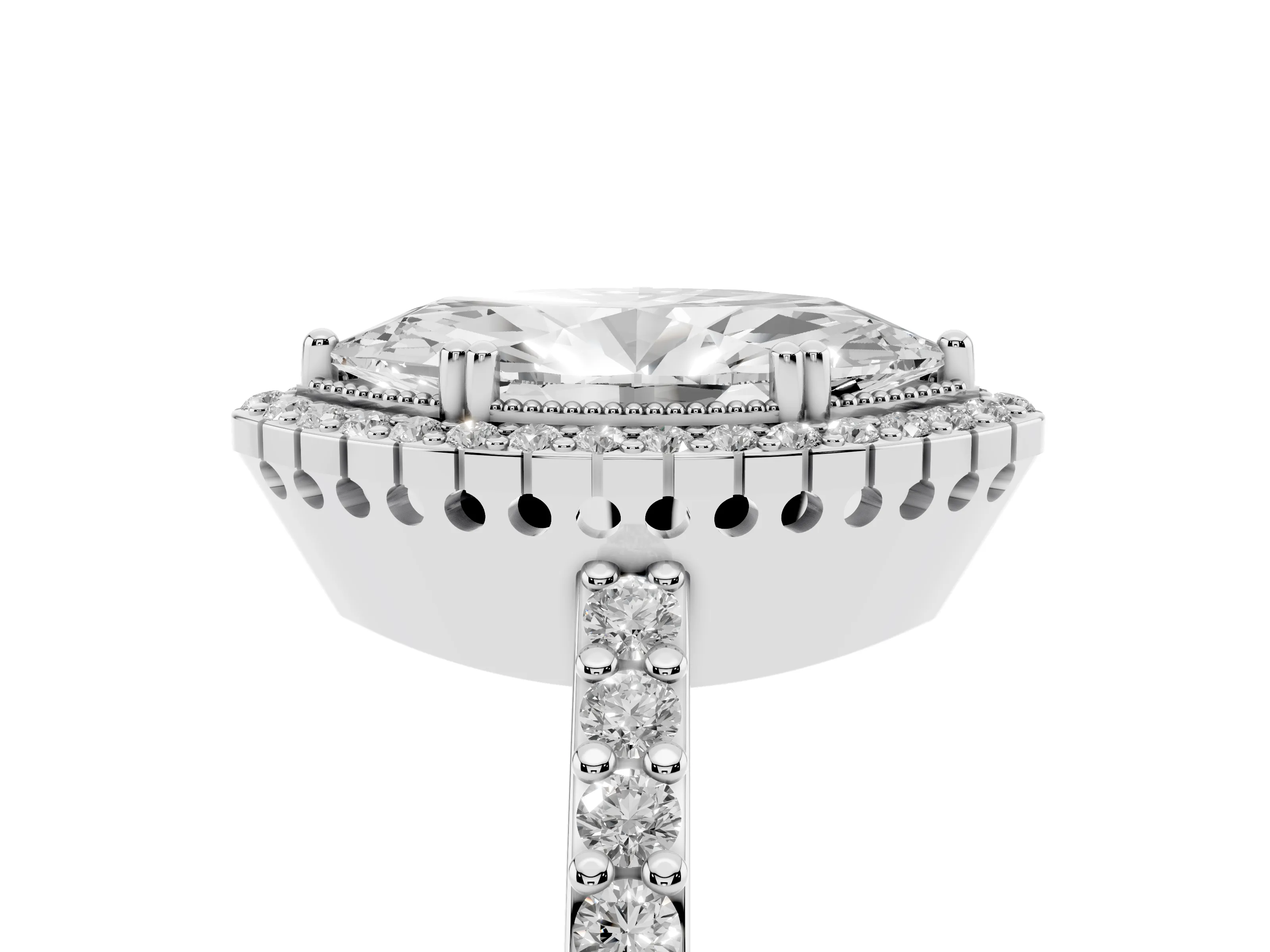 Marquise Cut Diamond Halo Engagement Ring Set in Platinum with Milgrain Detail and Pavé Band