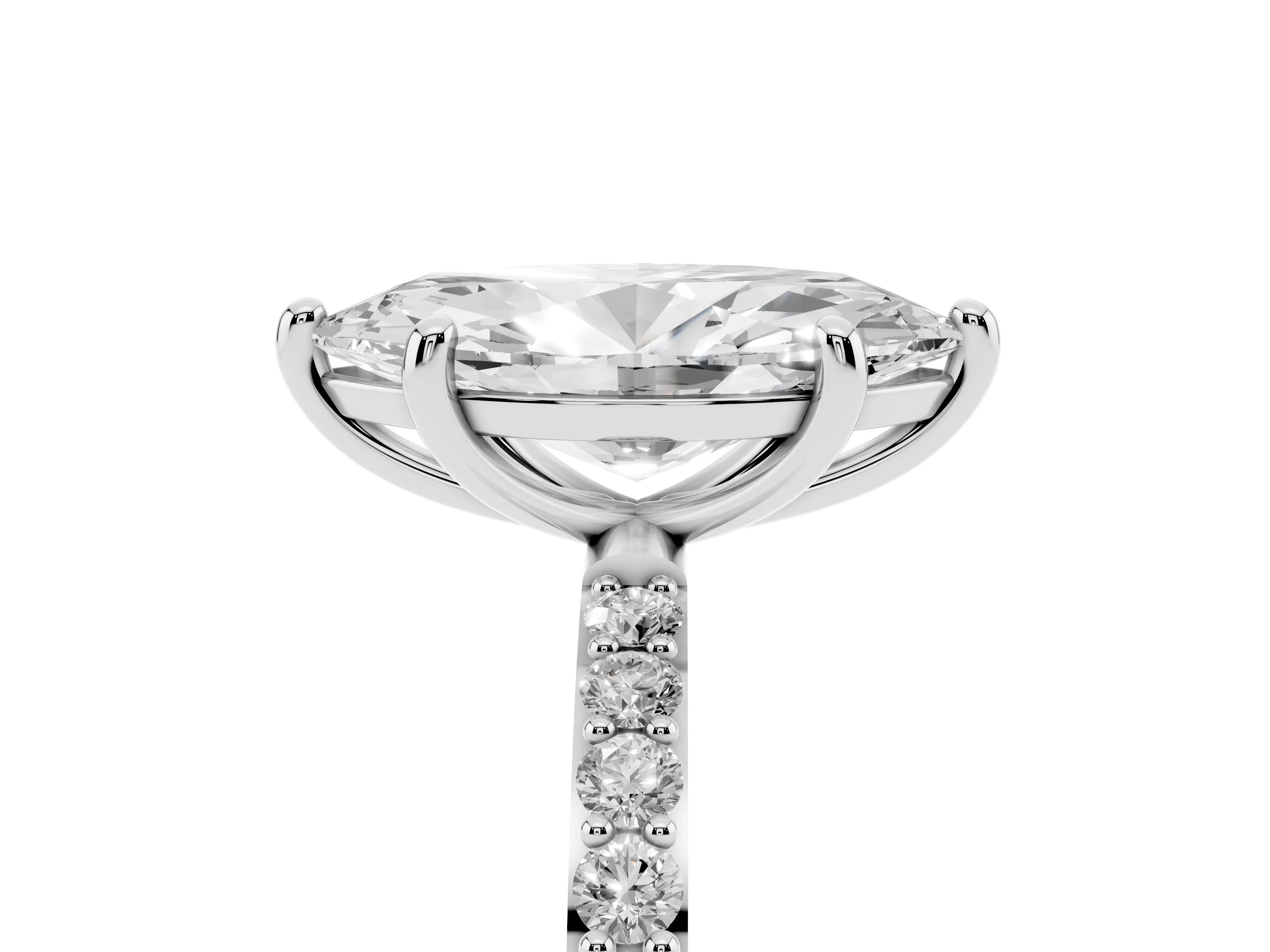 Marquise Cut Diamond Solitaire Ring Set in Silver with Round Pavé Band and Prong Setting